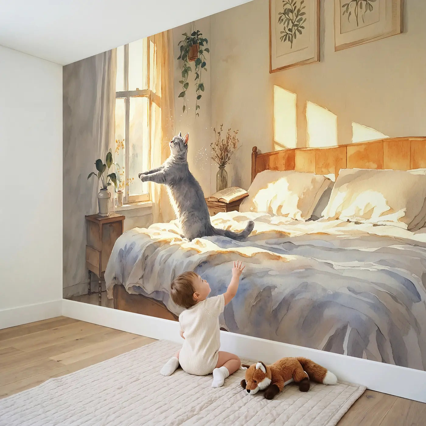 Child in nursery with Morning Stretch Cat Wallpaper Mural by Whimsy Tots