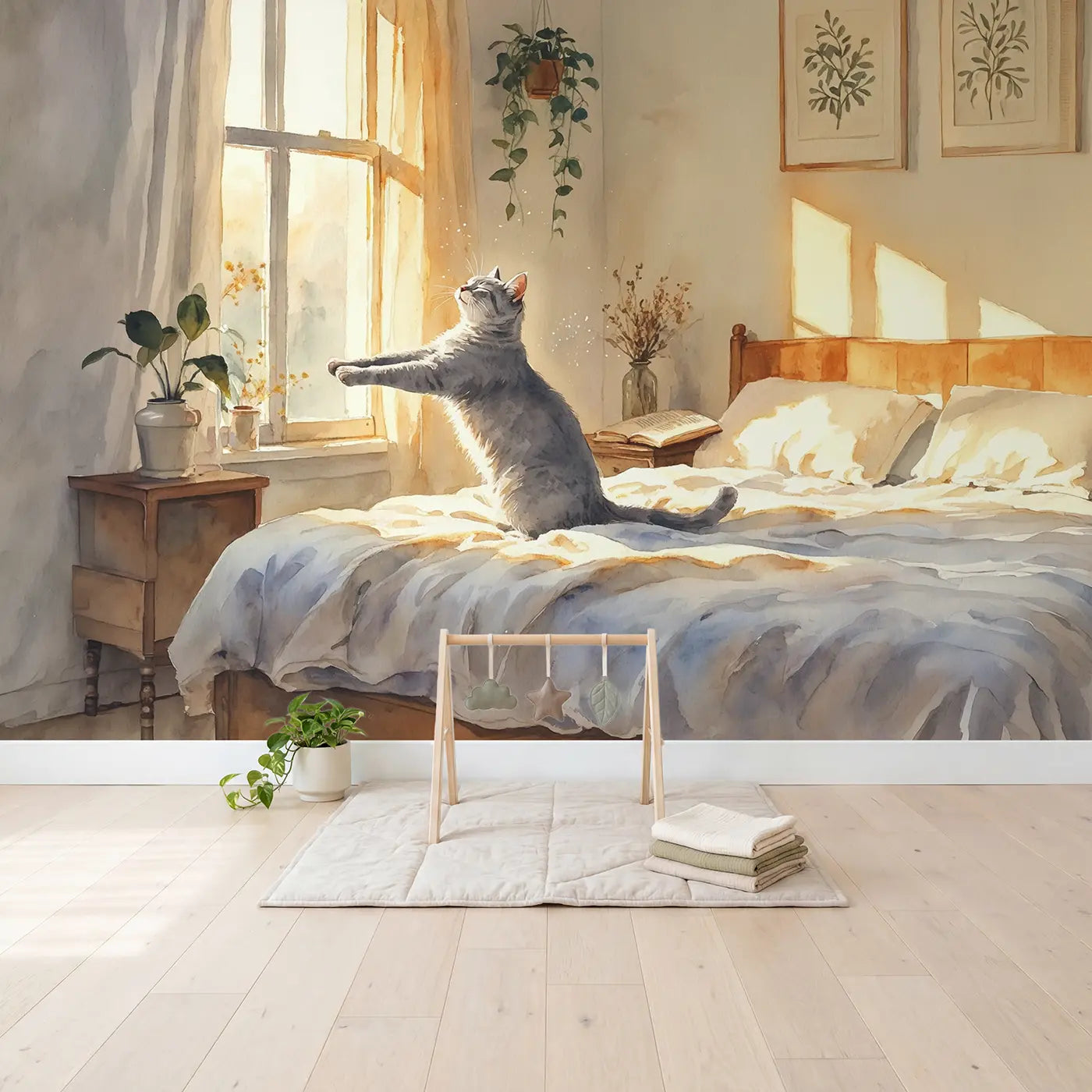 Morning Stretch Cat Wallpaper Mural in playroom setting by Whimsy Tots