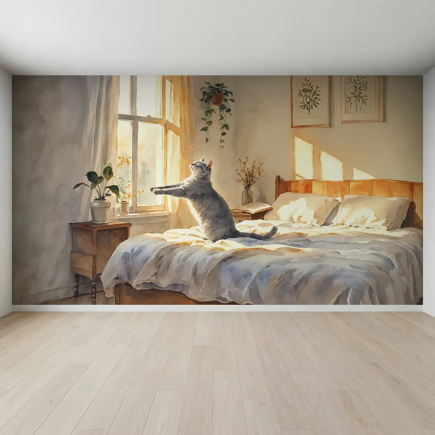 Full view of Morning Stretch Cat Wallpaper Mural by Whimsy Tots