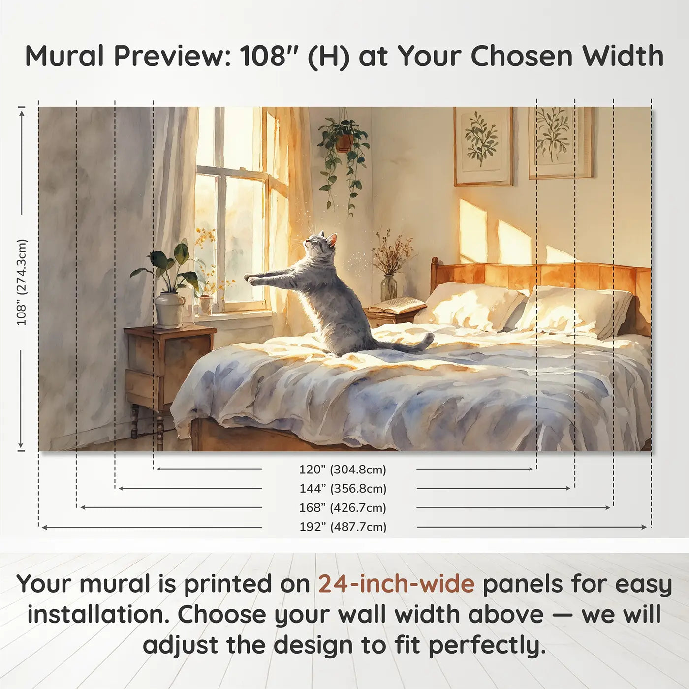 Panel layout and dimensions for Morning Stretch Cat Wallpaper Mural by Whimsy Tots