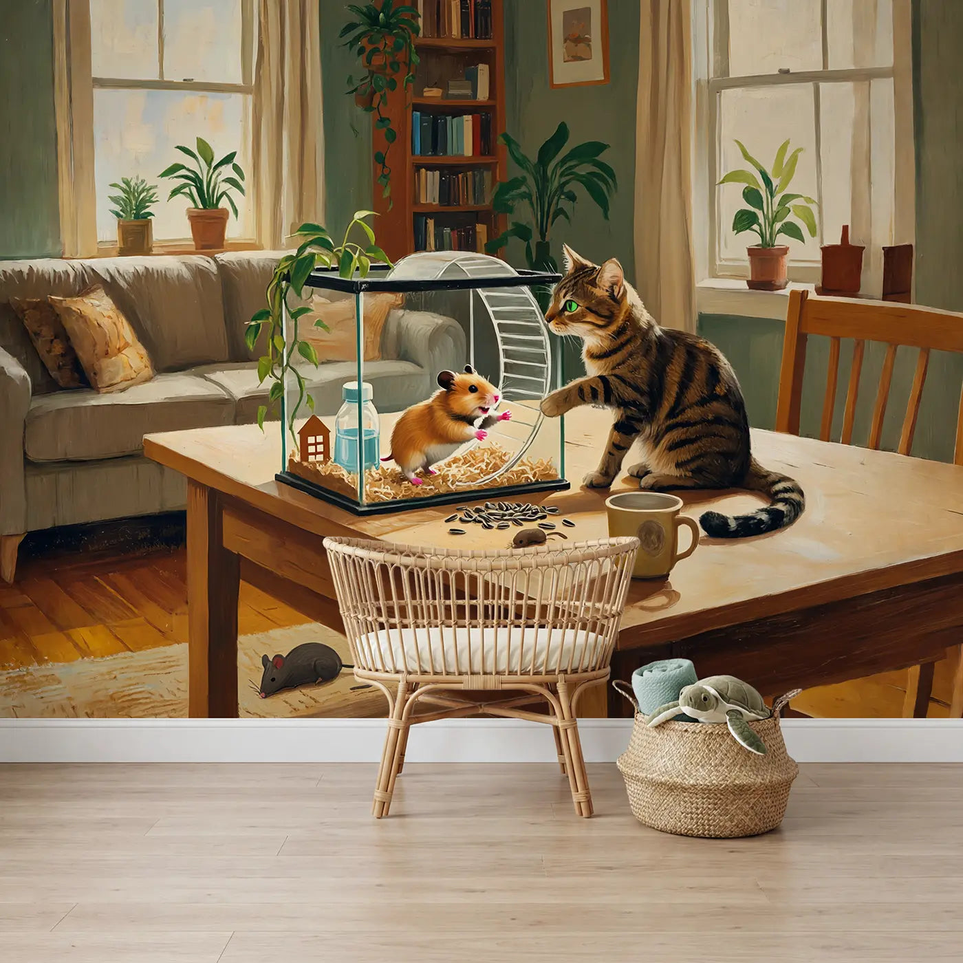 painted landscape hamster and cat tabletop mural for nursery by Whimsy Tots