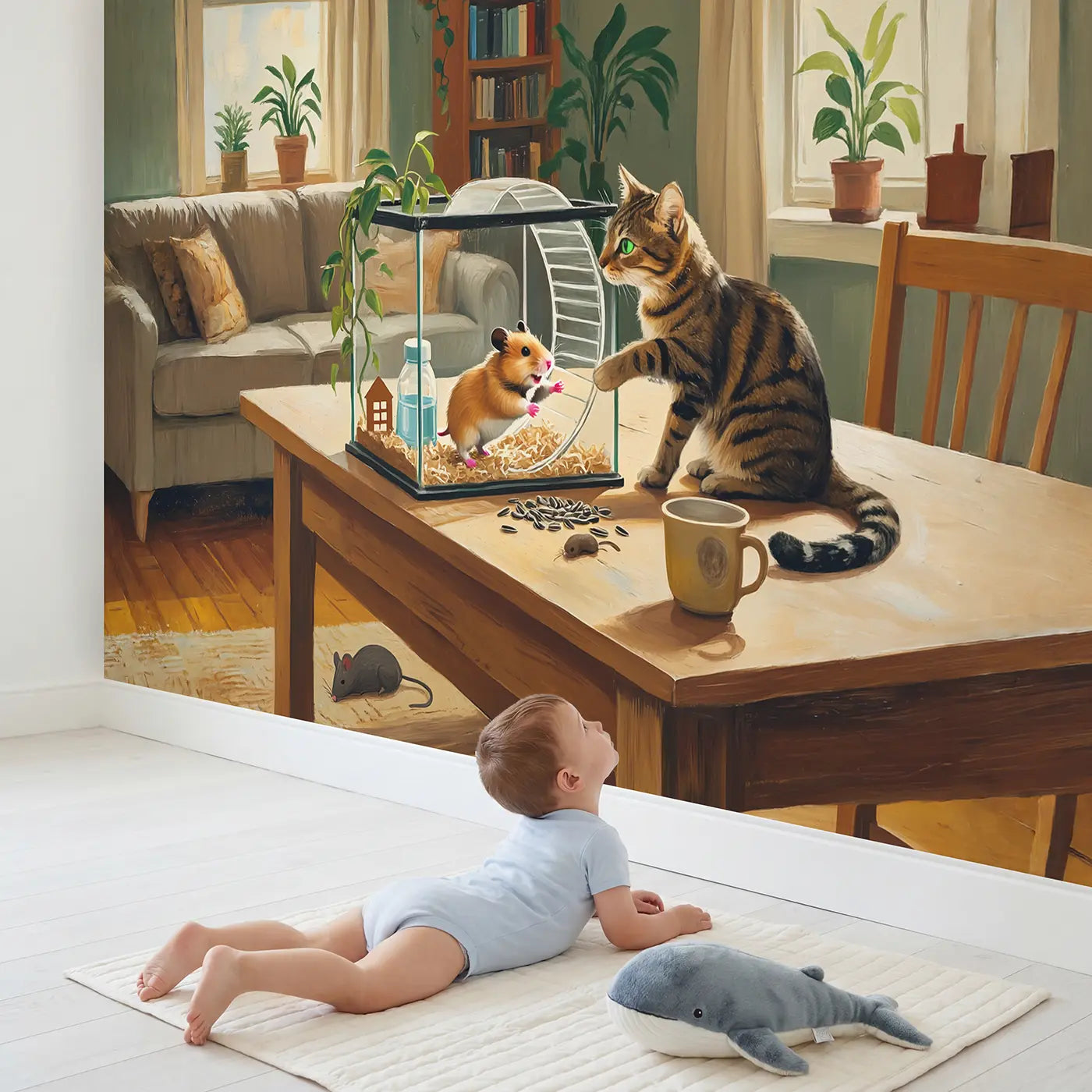 Child in nursery with Hamster and Cat Tabletop Wallpaper Mural by Whimsy Tots