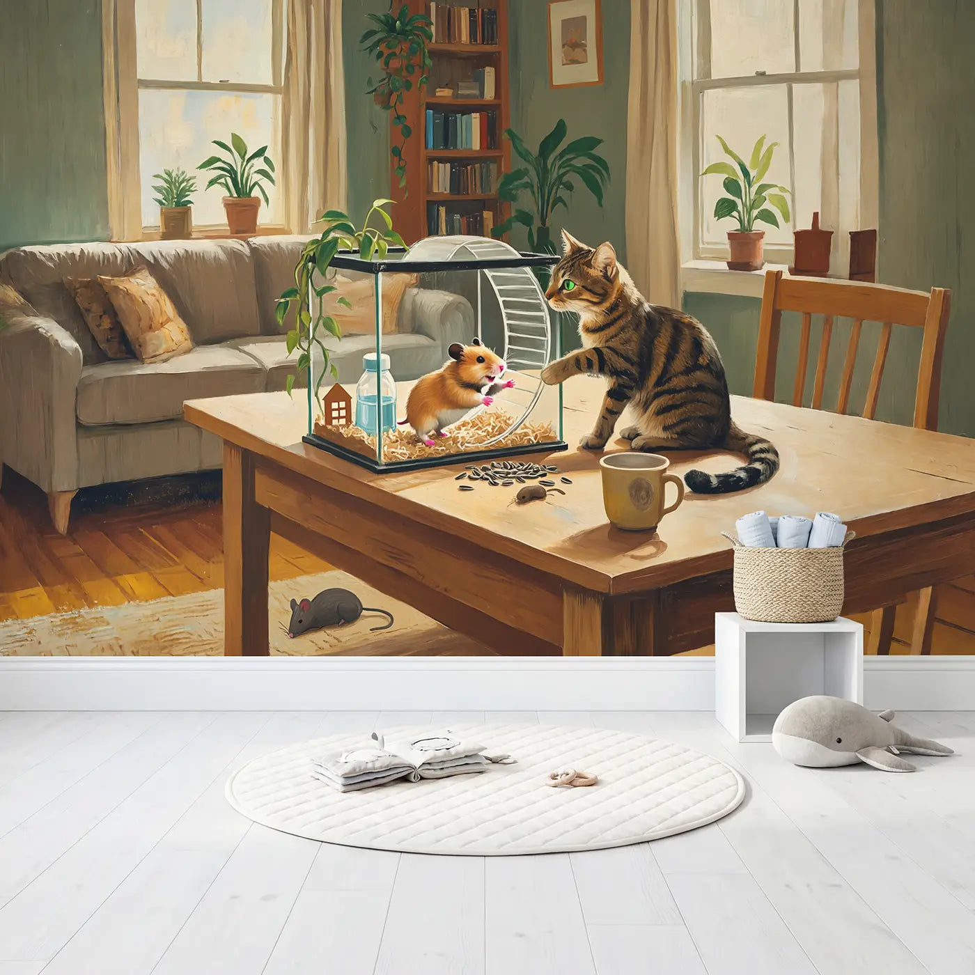 Hamster and Cat Tabletop Wallpaper Mural in playroom setting by Whimsy Tots
