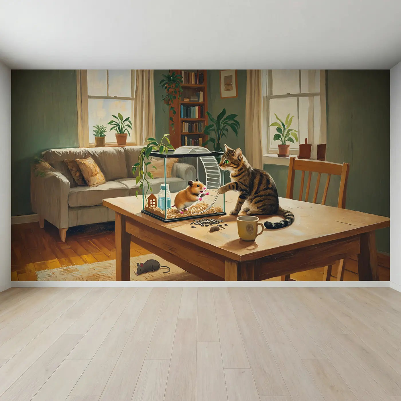 Full view of Hamster and Cat Tabletop Wallpaper Mural by Whimsy Tots
