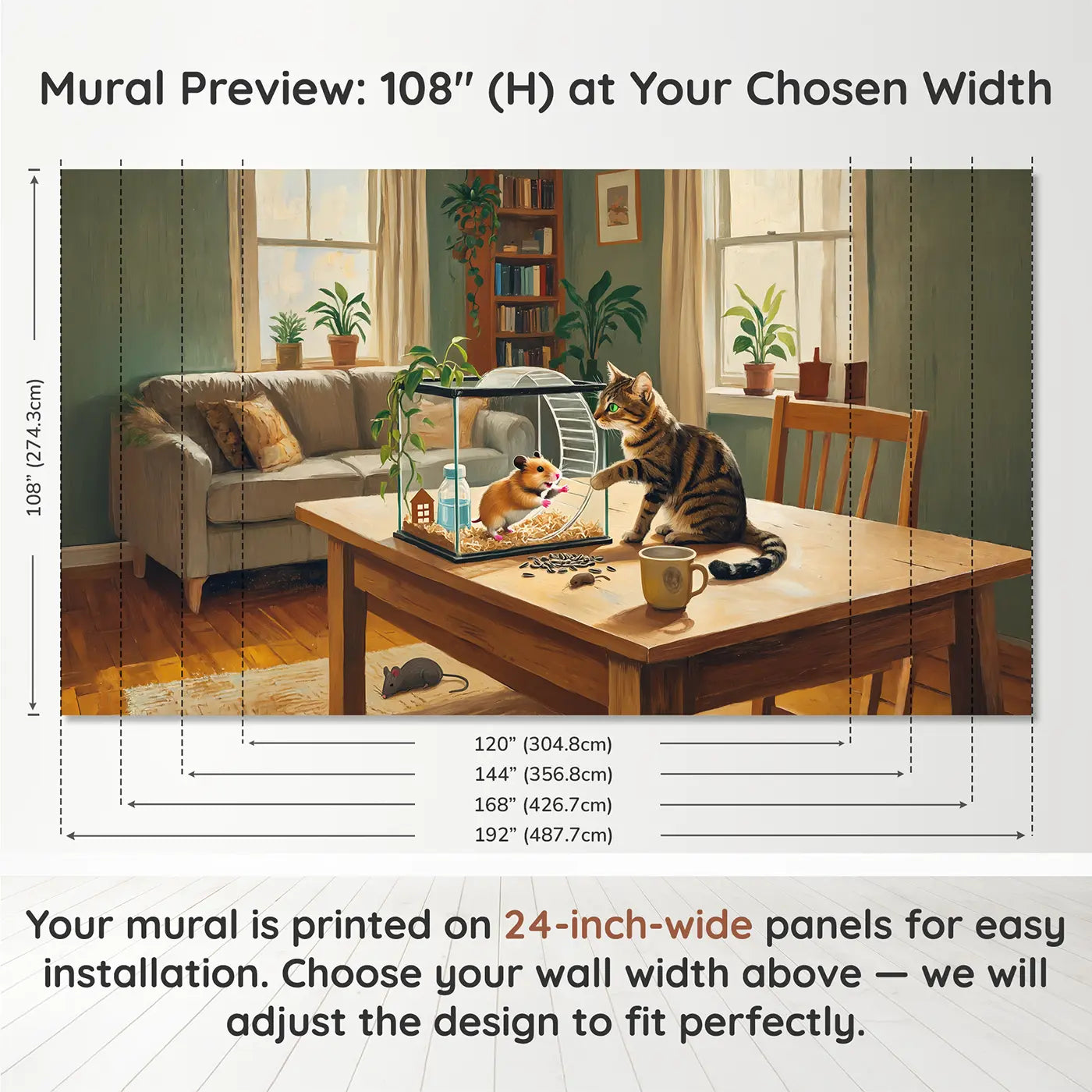 Panel layout and dimensions for Hamster and Cat Tabletop Wallpaper Mural by Whimsy Tots