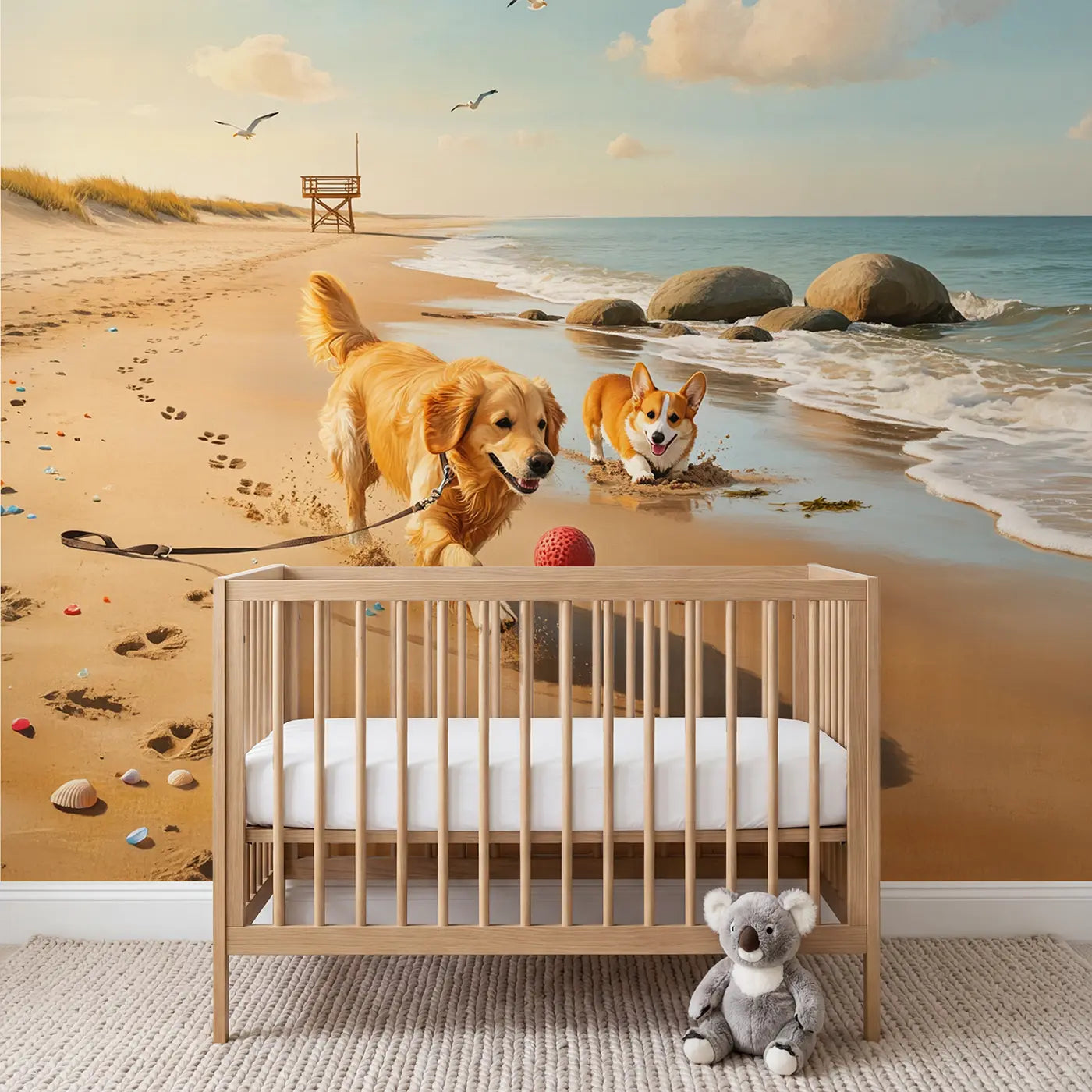 Soft pastel dogs playing on beach wallpaper mural for nursery by Whimsy Tots