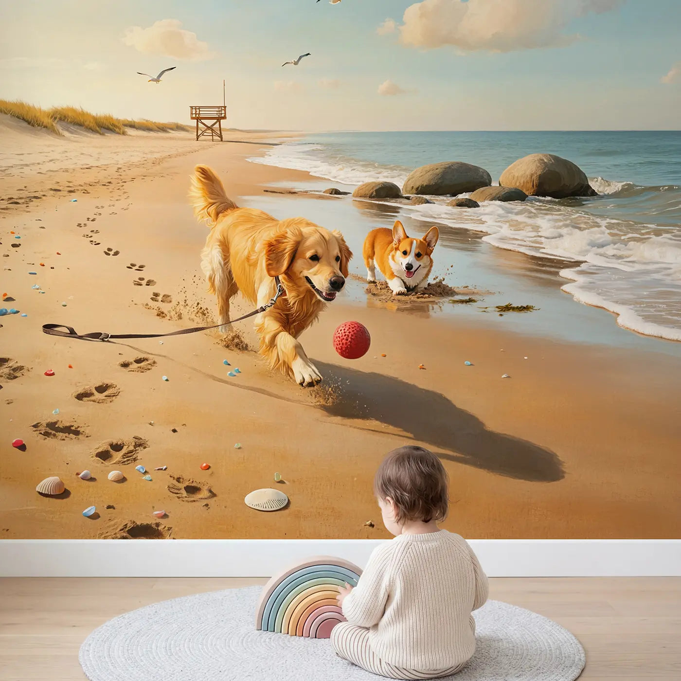 Child in nursery with Beach Day Dogs Wallpaper Mural by Whimsy Tots