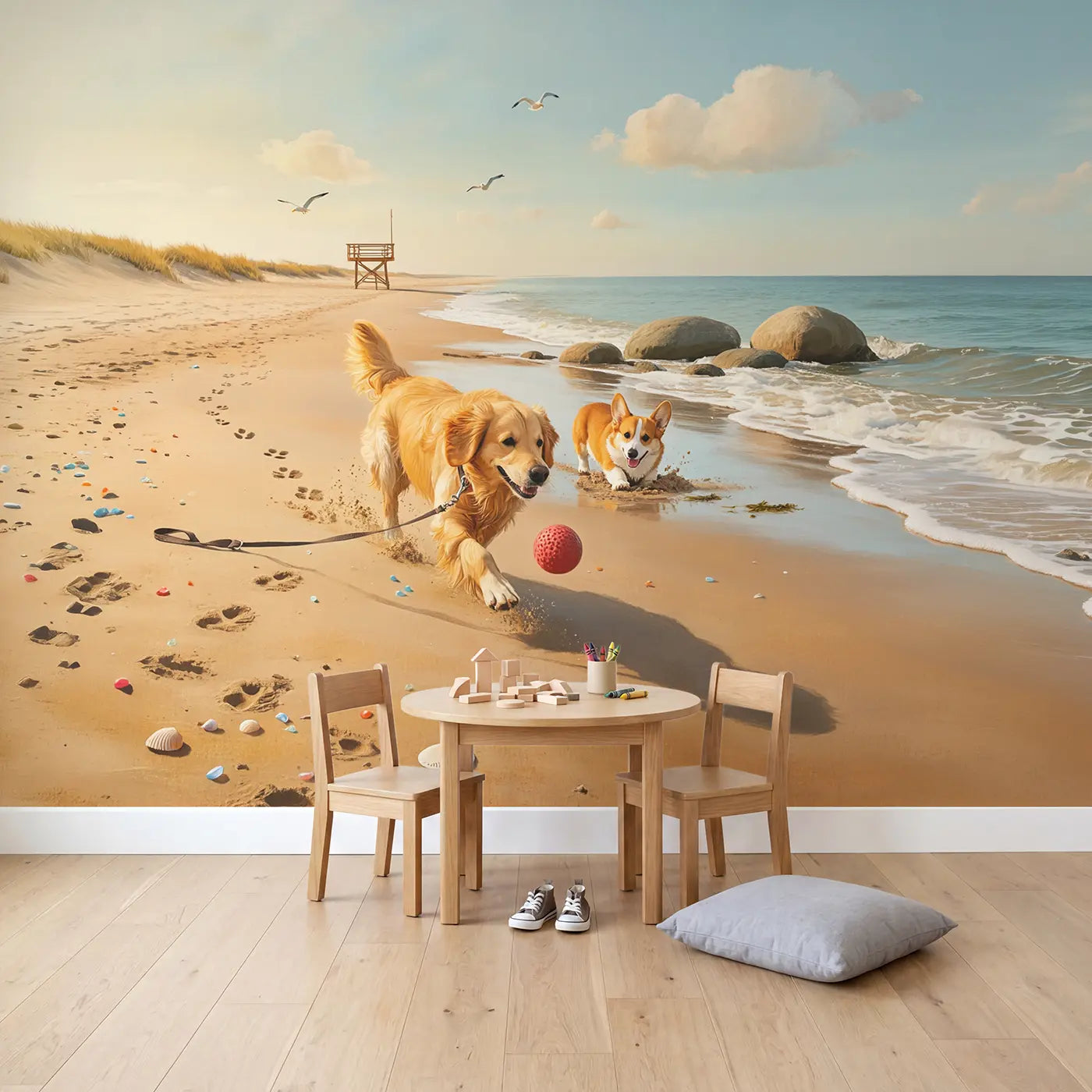 Beach Day Dogs Wallpaper Mural in playroom setting by Whimsy Tots