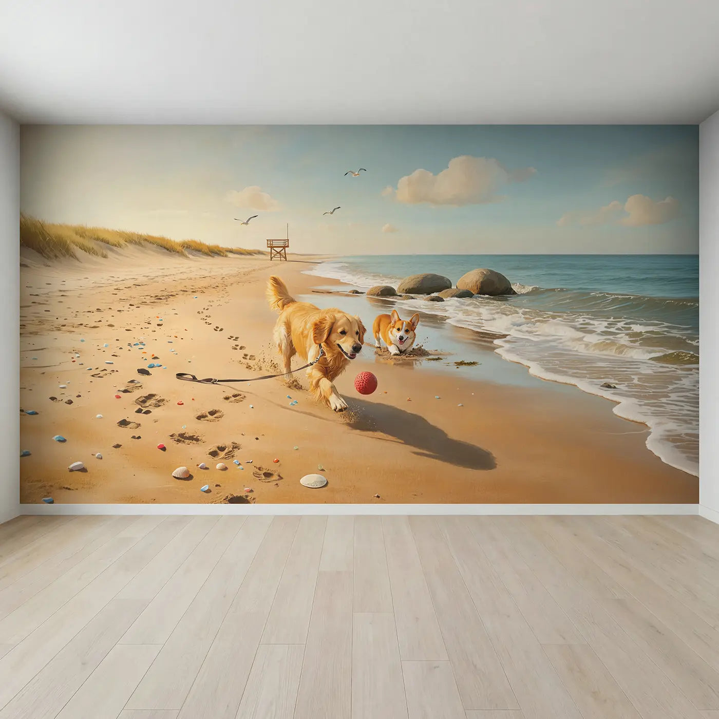 Full view of Beach Day Dogs Wallpaper Mural by Whimsy Tots