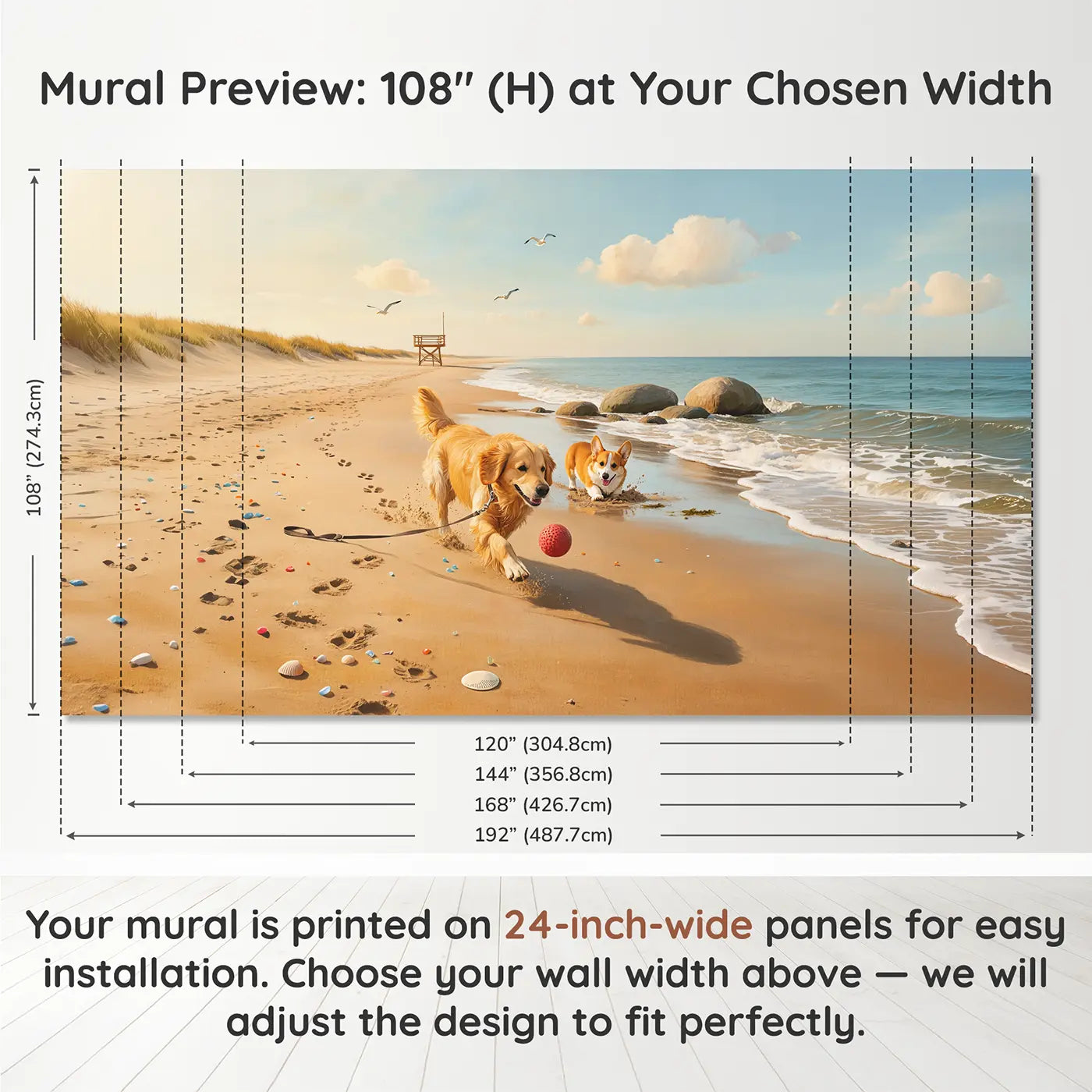 Panel layout and dimensions for Beach Day Dogs Wallpaper Mural by Whimsy Tots