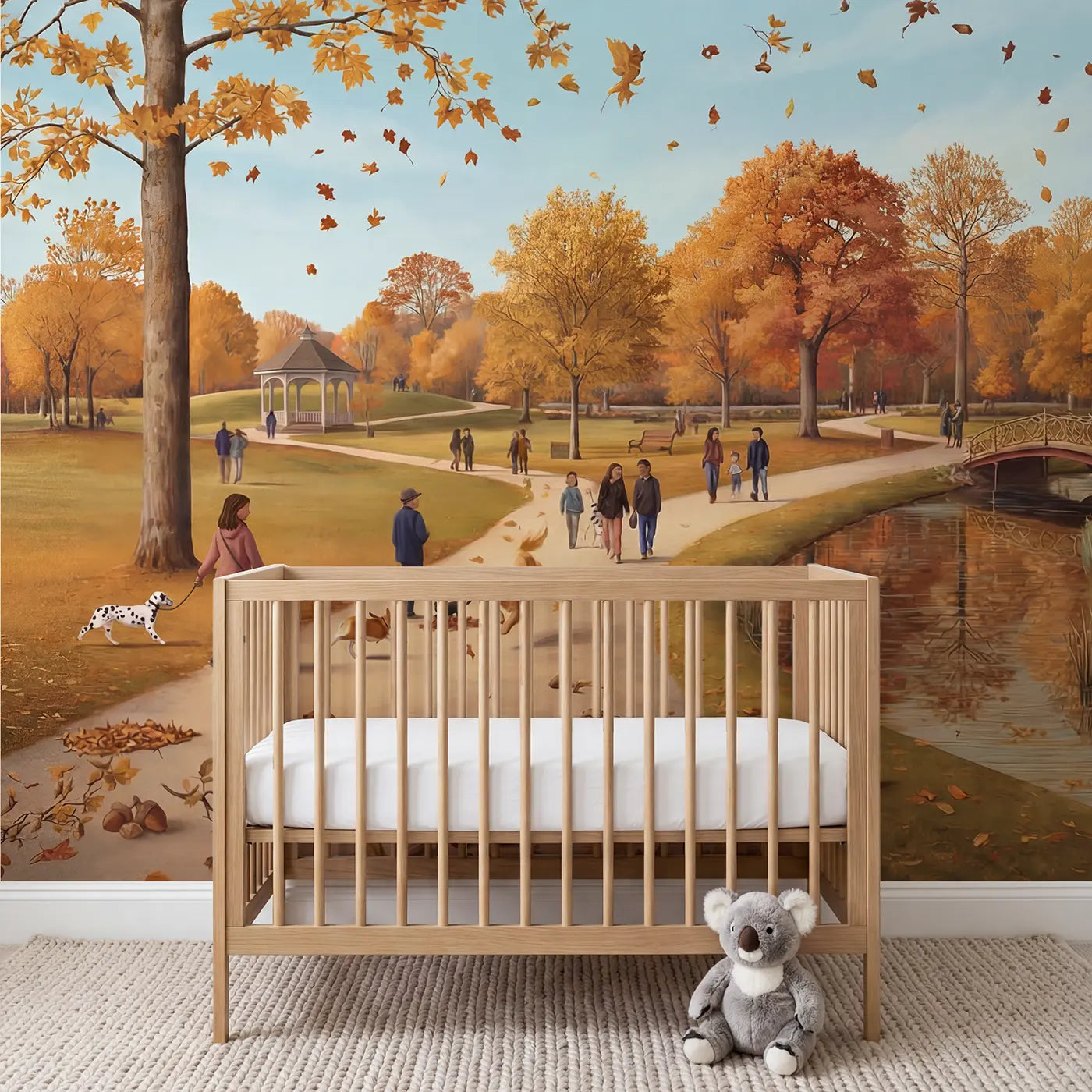 botanical elegance autumn park dogs falling leaves mural for nursery by Whimsy Tots