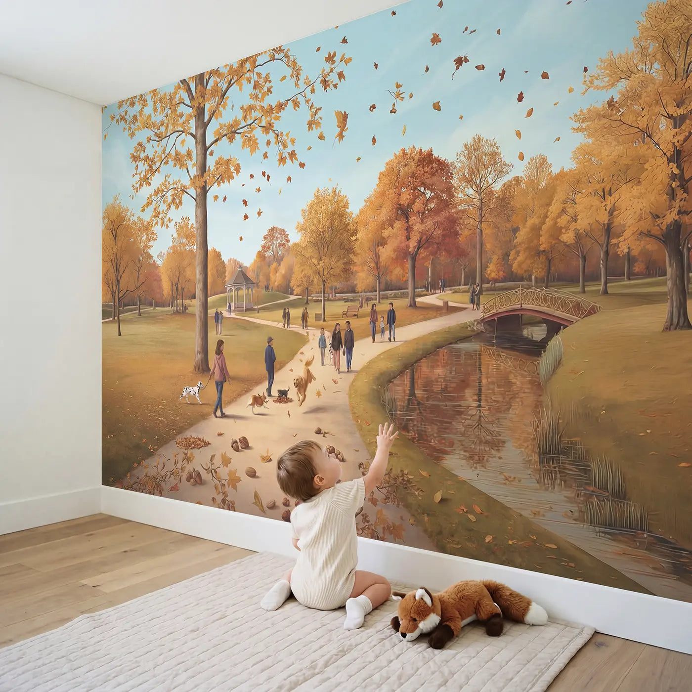 Child in nursery with Autumn Park Dog Walkers Falling Leaves Wallpaper Mural by Whimsy Tots