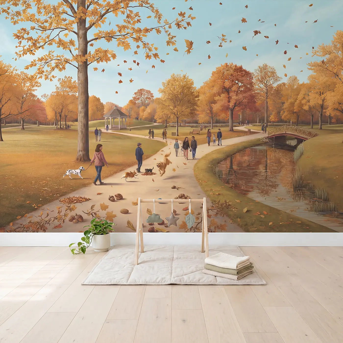 Autumn Park Dog Walkers Falling Leaves Wallpaper Mural in playroom setting by Whimsy Tots