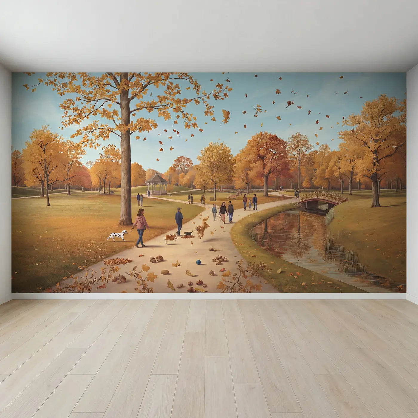 Full view of Autumn Park Dog Walkers Falling Leaves Wallpaper Mural by Whimsy Tots