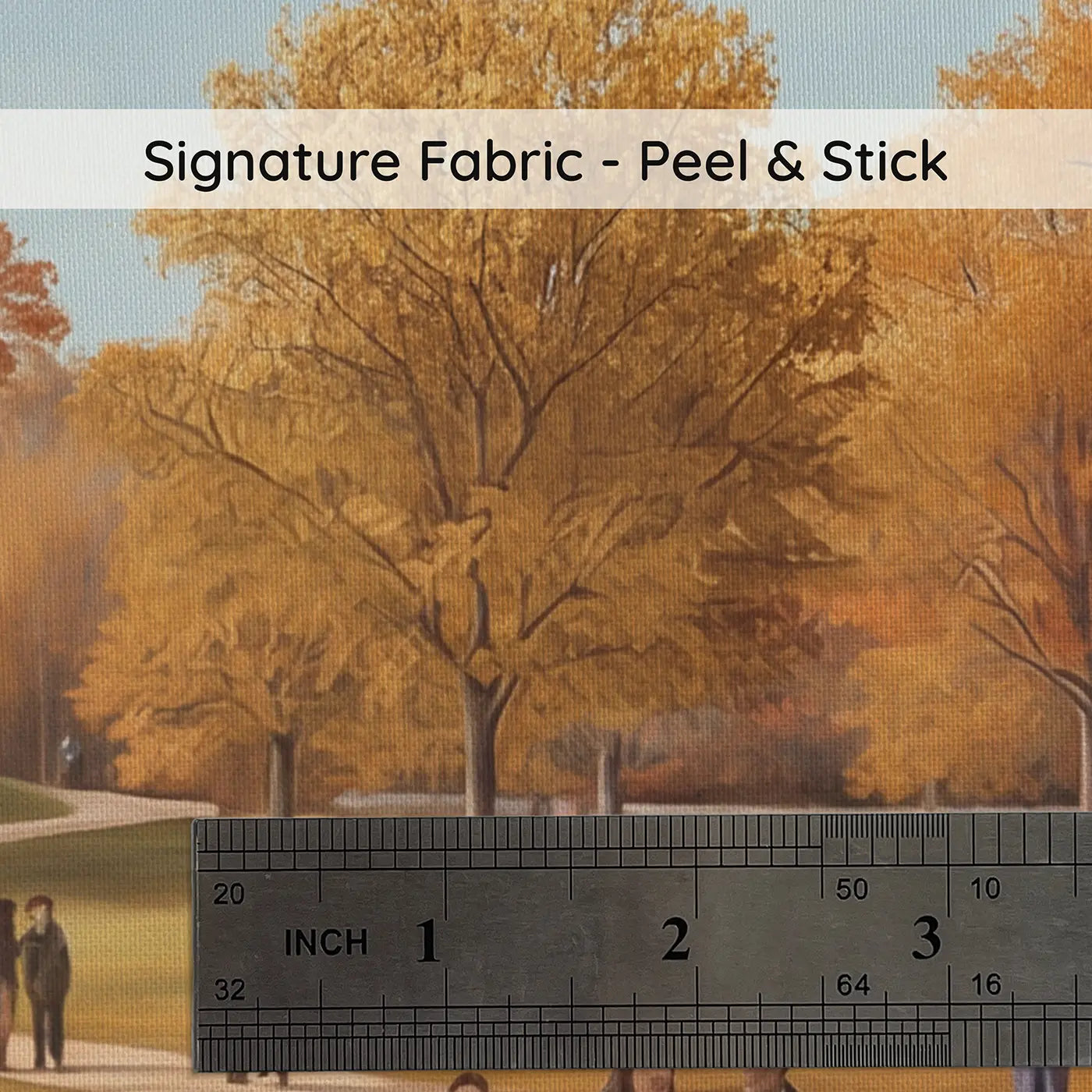 Fabric texture close-up of Autumn Park Dog Walkers Falling Leaves Wallpaper Mural by Whimsy Tots