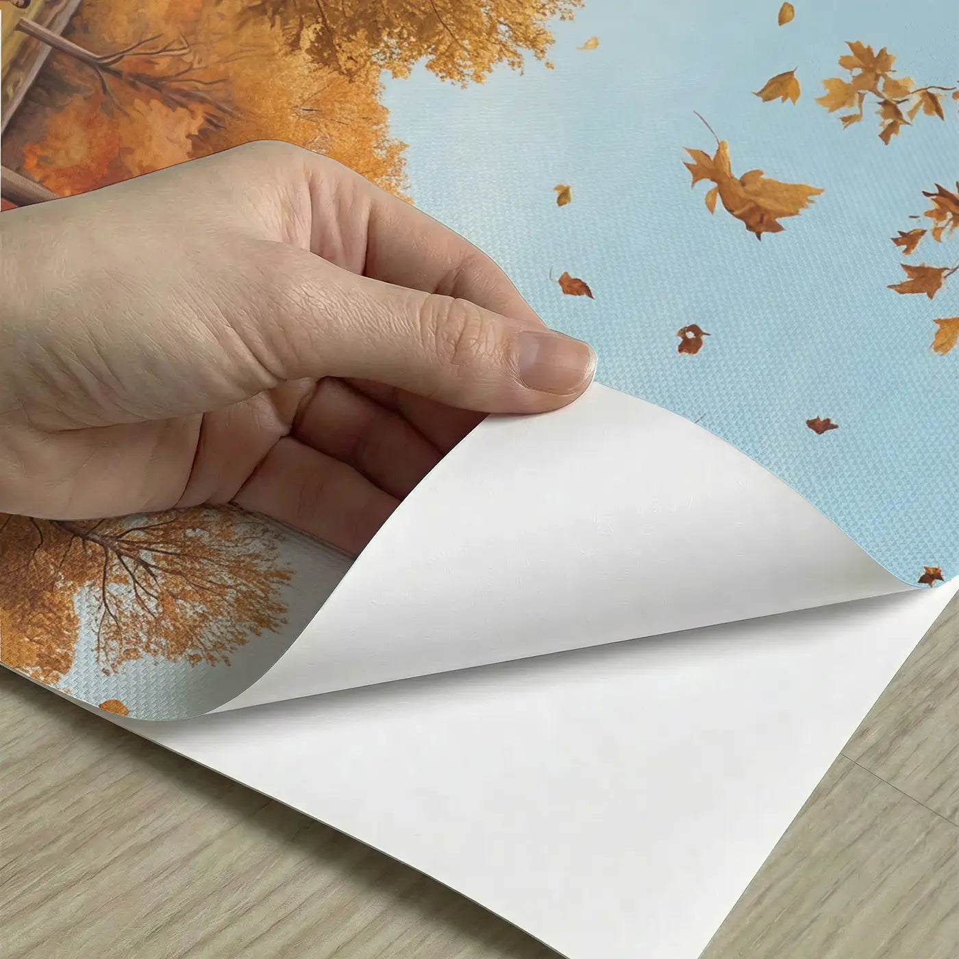 Peel-and-stick detail of Autumn Park Dog Walkers Falling Leaves Wallpaper Mural by Whimsy Tots
