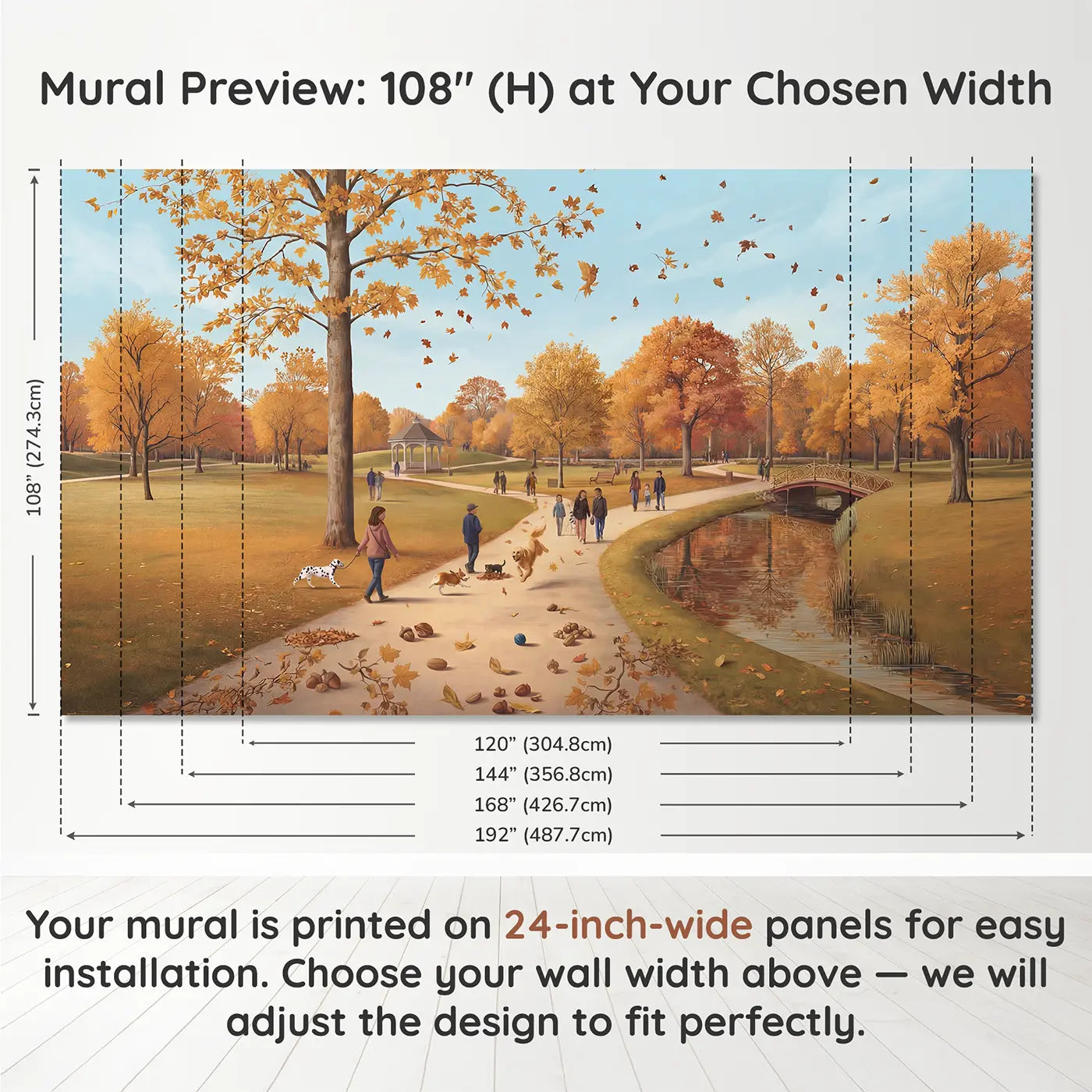 Panel layout and dimensions for Autumn Park Dog Walkers Falling Leaves Wallpaper Mural by Whimsy Tots