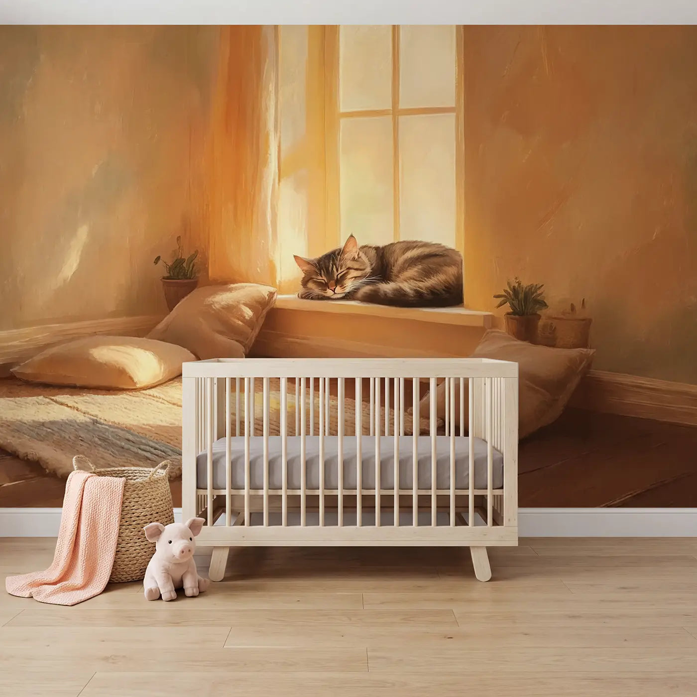 Soft pastel tabby cat windowsill cozy wallpaper mural for girls room by Whimsy Tots