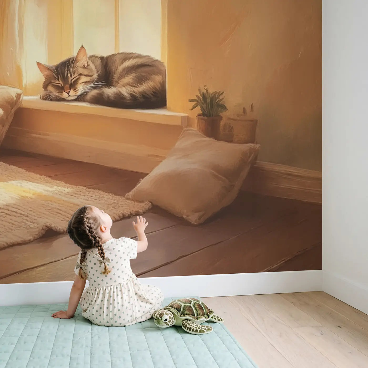 Child in nursery with Sleeping Tabby Cat Window Wallpaper Mural by Whimsy Tots