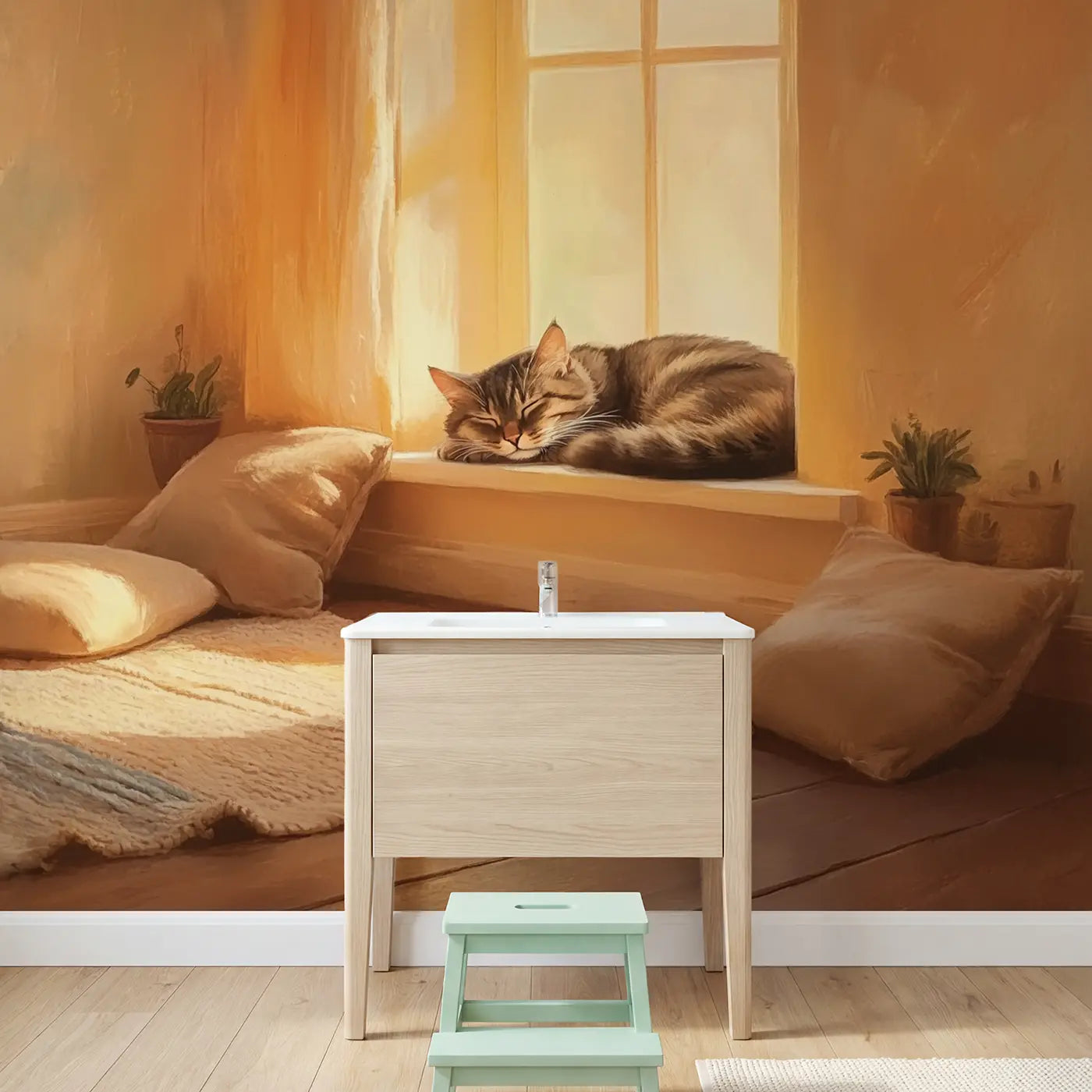 Sleeping Tabby Cat Window Wallpaper Mural in playroom setting by Whimsy Tots
