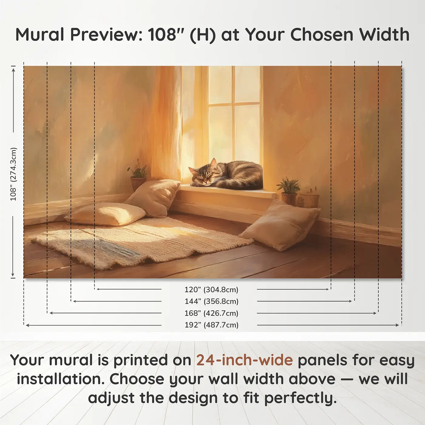 Panel layout and dimensions for Sleeping Tabby Cat Window Wallpaper Mural by Whimsy Tots