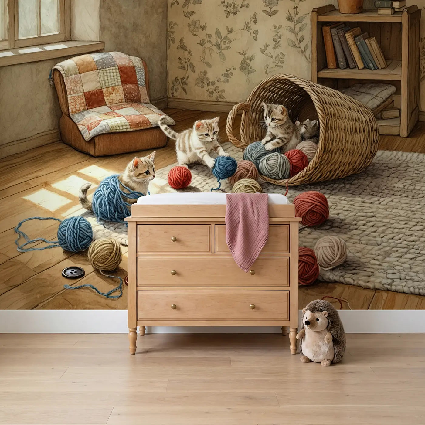 Storybook kitten yarn basket bookshelf wallpaper mural for girls room by Whimsy Tots