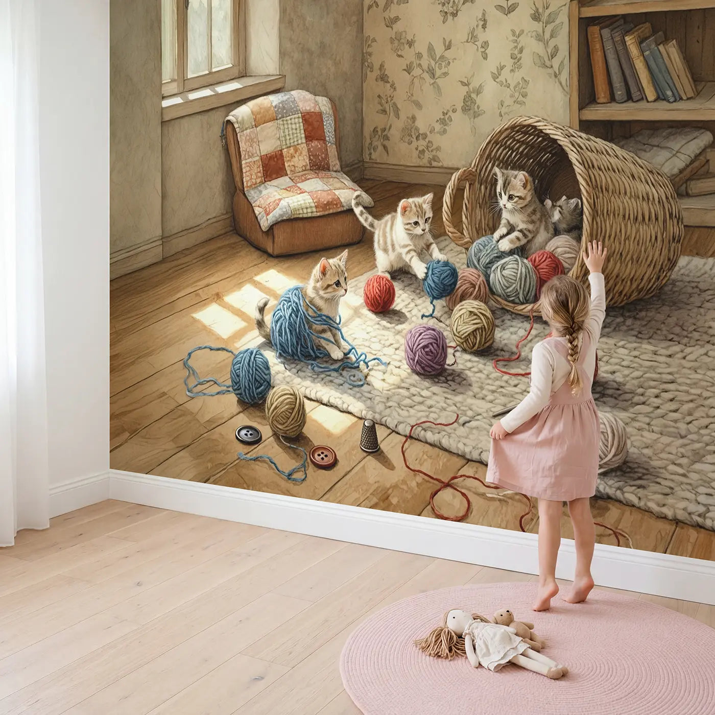 Child in nursery with Kittens and Yarn Basket Wallpaper Mural by Whimsy Tots