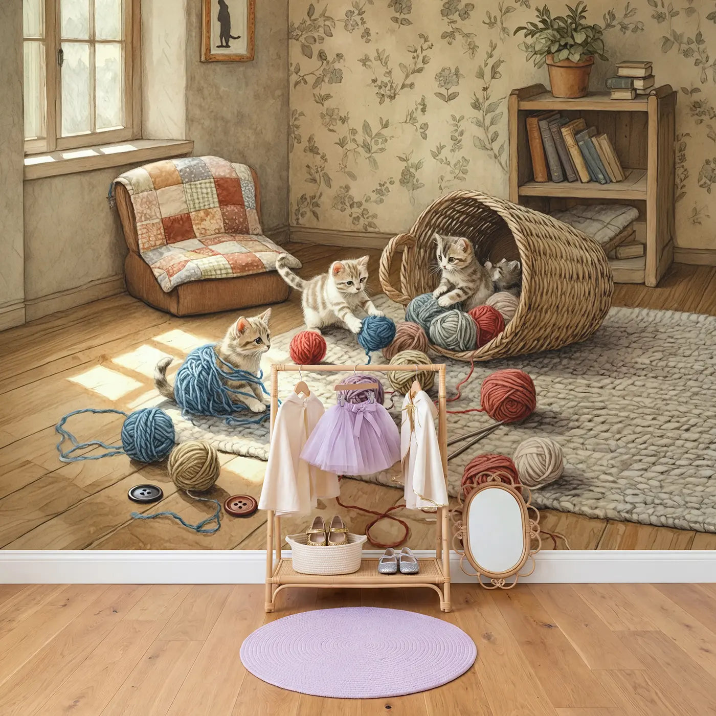 Kittens and Yarn Basket Wallpaper Mural in playroom setting by Whimsy Tots