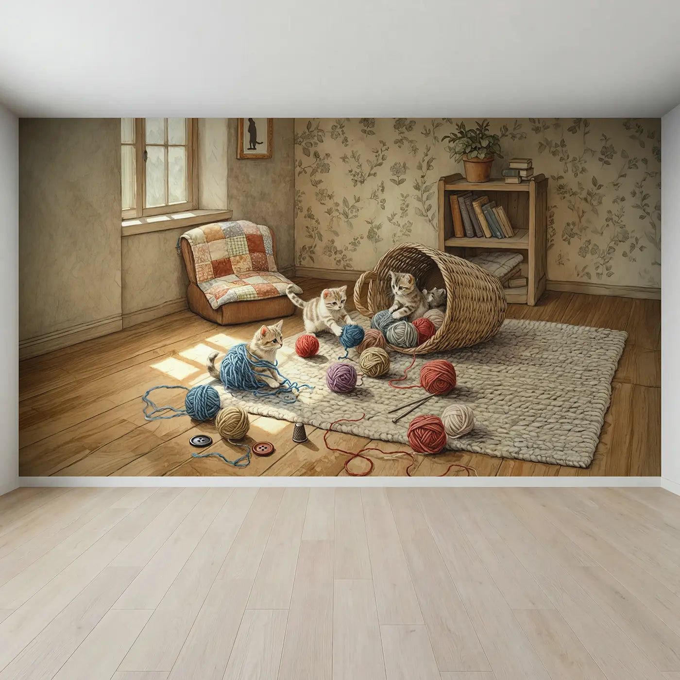 Full view of Kittens and Yarn Basket Wallpaper Mural by Whimsy Tots