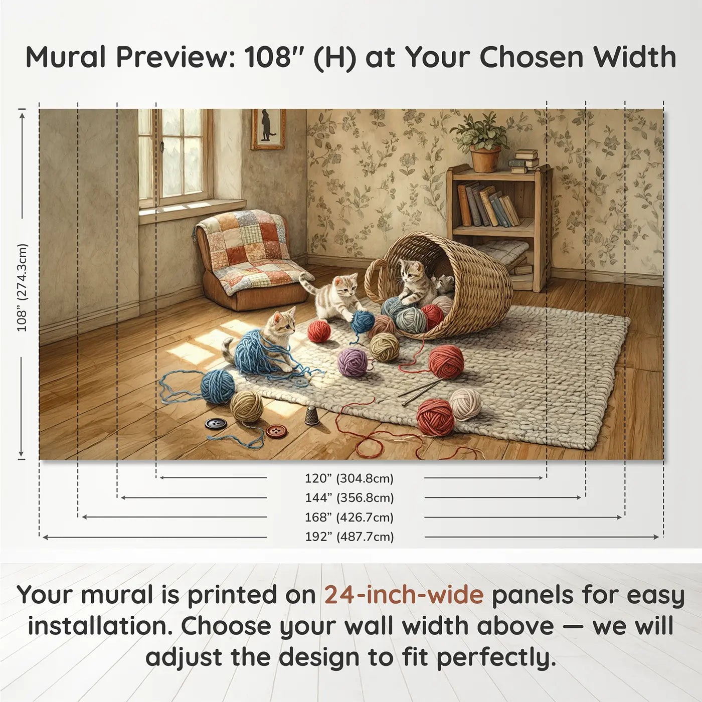 Panel layout and dimensions for Kittens and Yarn Basket Wallpaper Mural by Whimsy Tots