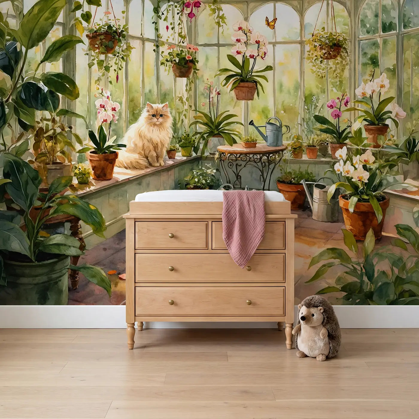 Watercolor cat sunny window garden wallpaper mural for girls room by Whimsy Tots