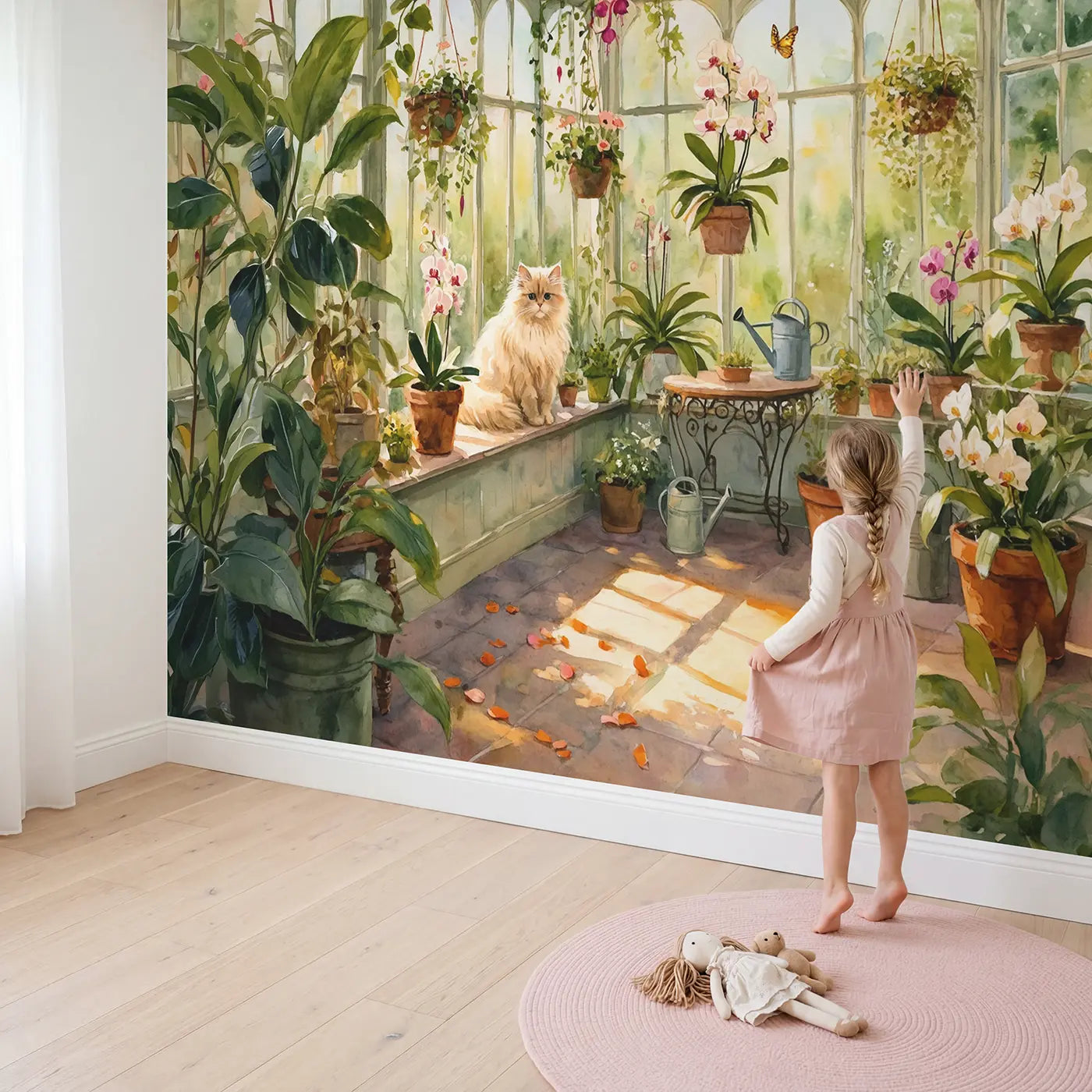 Child in nursery with Sunny Window Cat Garden Wallpaper Mural by Whimsy Tots