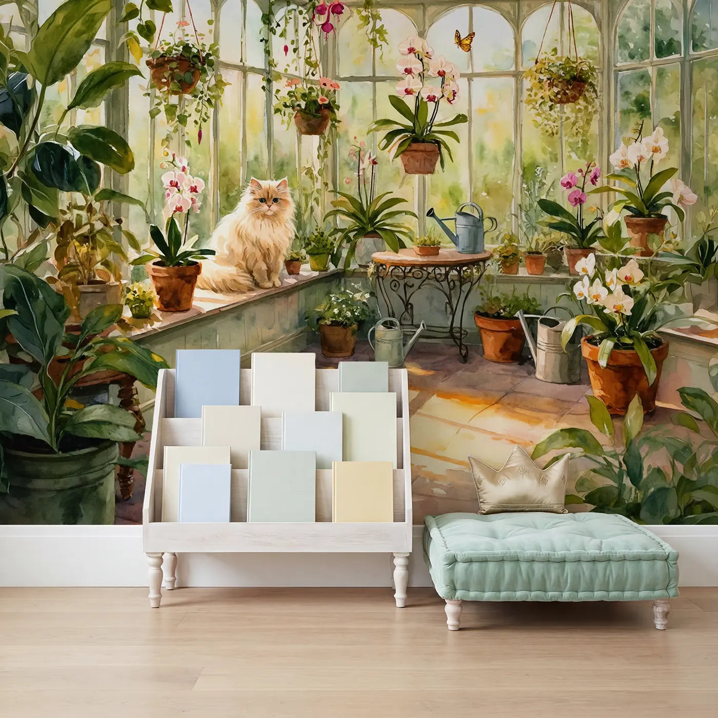 Sunny Window Cat Garden Wallpaper Mural in playroom setting by Whimsy Tots