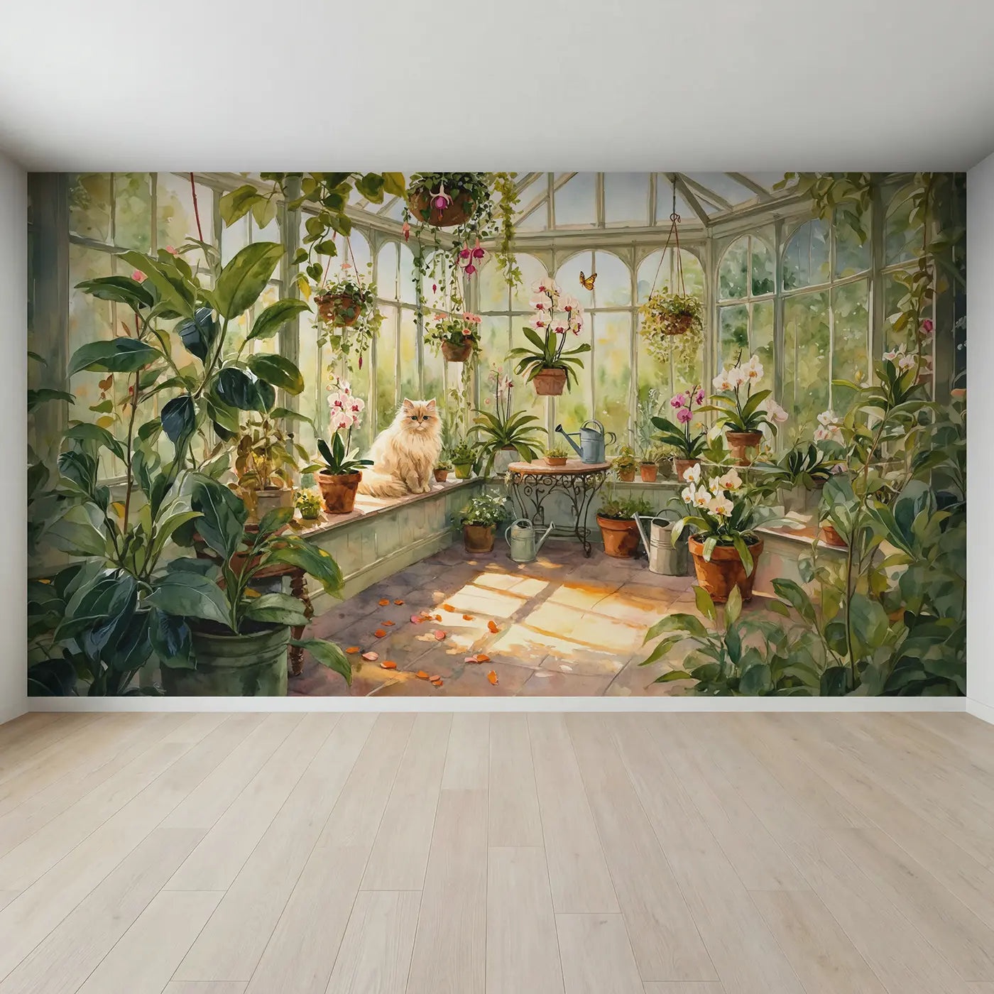 Full view of Sunny Window Cat Garden Wallpaper Mural by Whimsy Tots