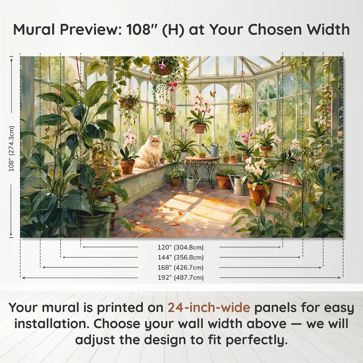 Panel layout and dimensions for Sunny Window Cat Garden Wallpaper Mural by Whimsy Tots