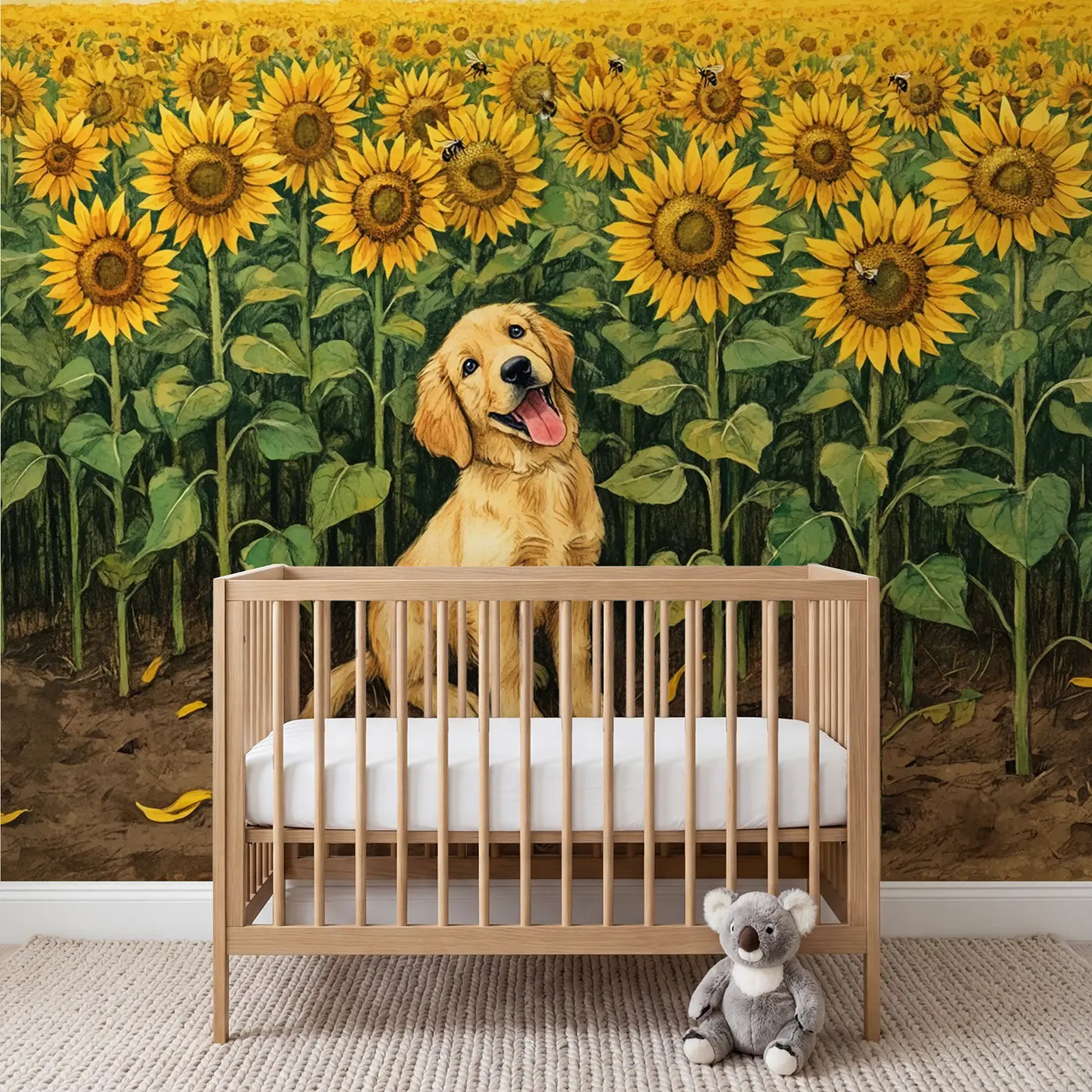 Storybook puppy sunflower field wallpaper mural for nursery by Whimsy Tots