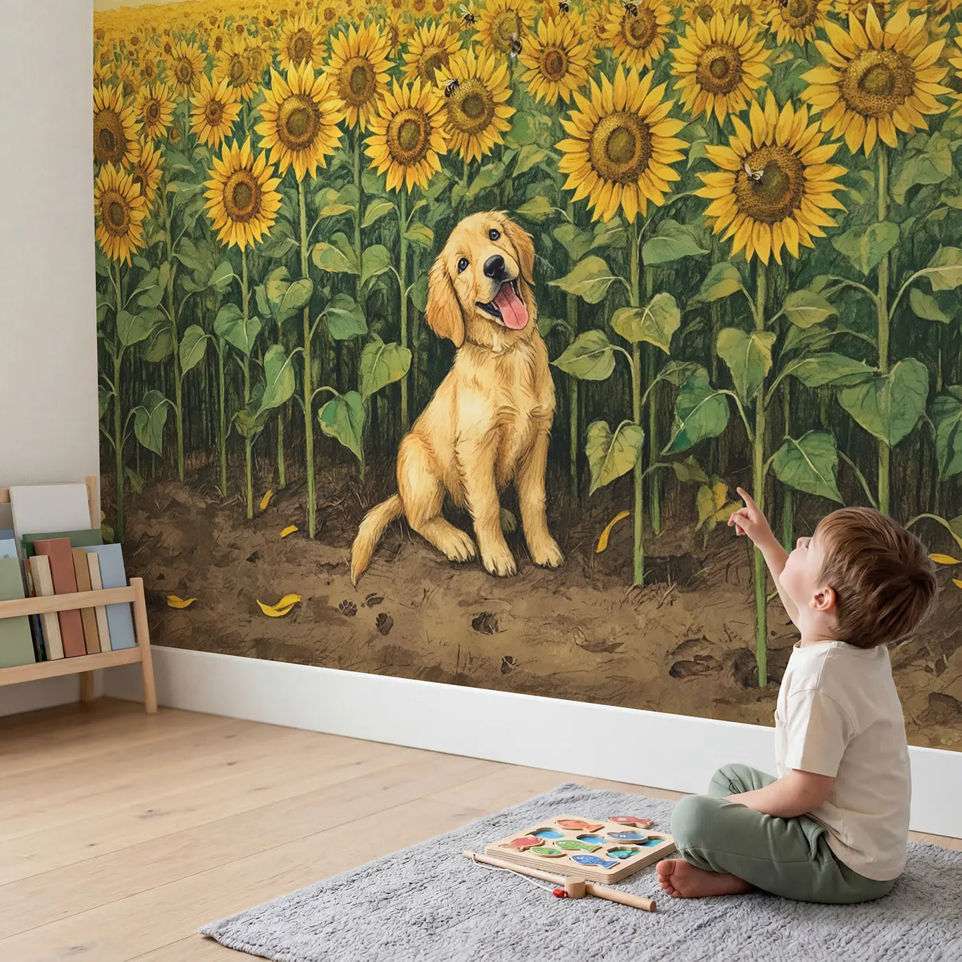 Child in nursery with Sunflower Puppy Field Wallpaper Mural by Whimsy Tots