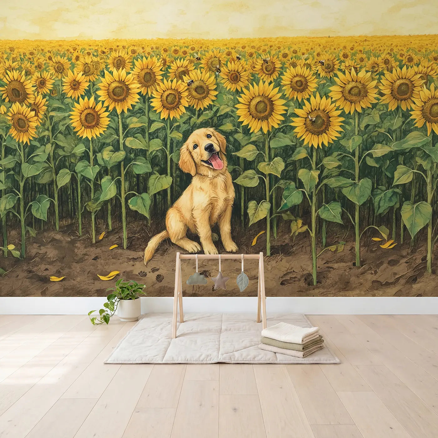 Sunflower Puppy Field Wallpaper Mural in playroom setting by Whimsy Tots
