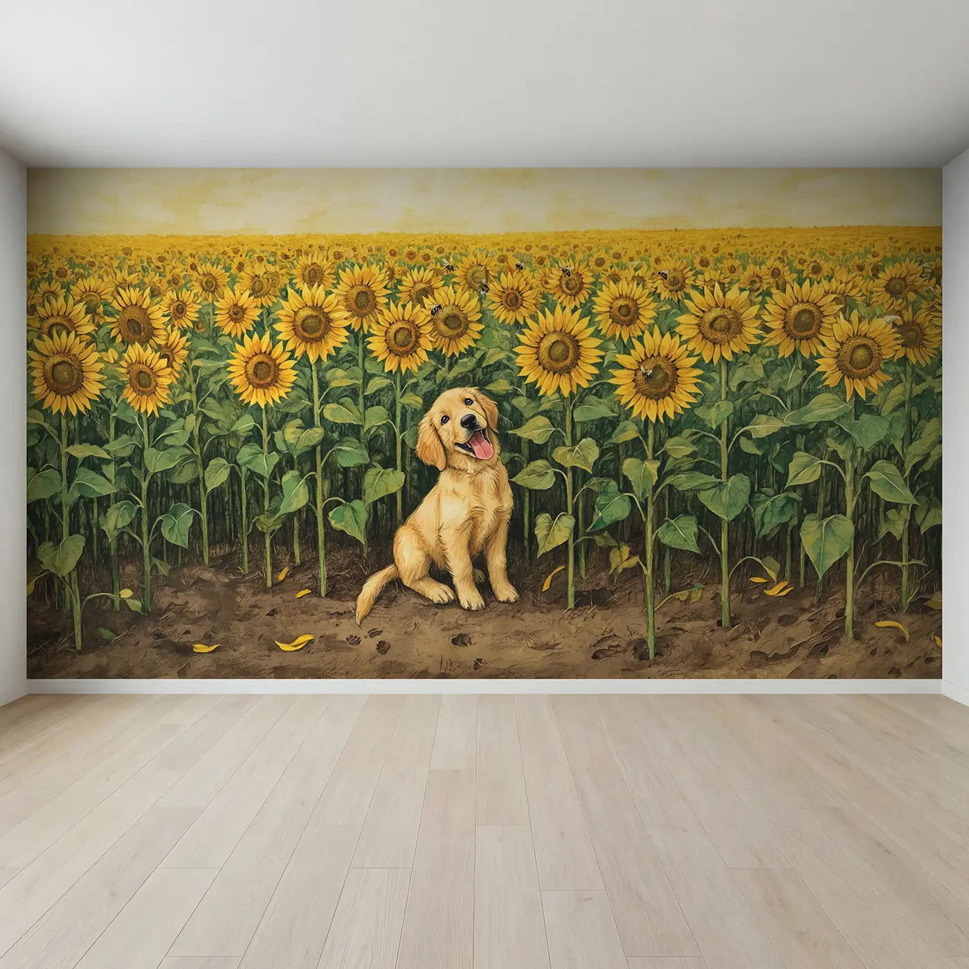 Full view of Sunflower Puppy Field Wallpaper Mural by Whimsy Tots