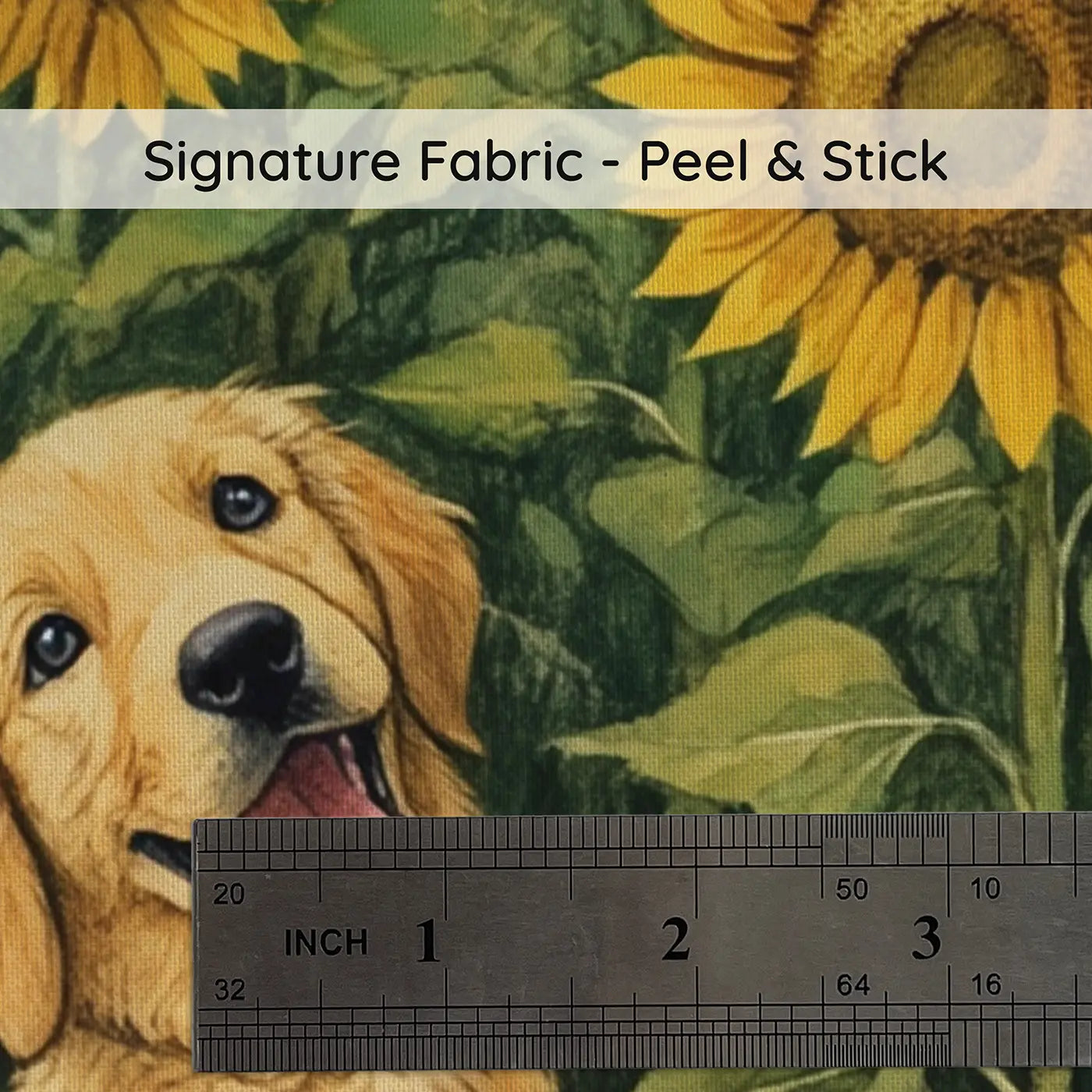 Fabric texture close-up of Sunflower Puppy Field Wallpaper Mural by Whimsy Tots