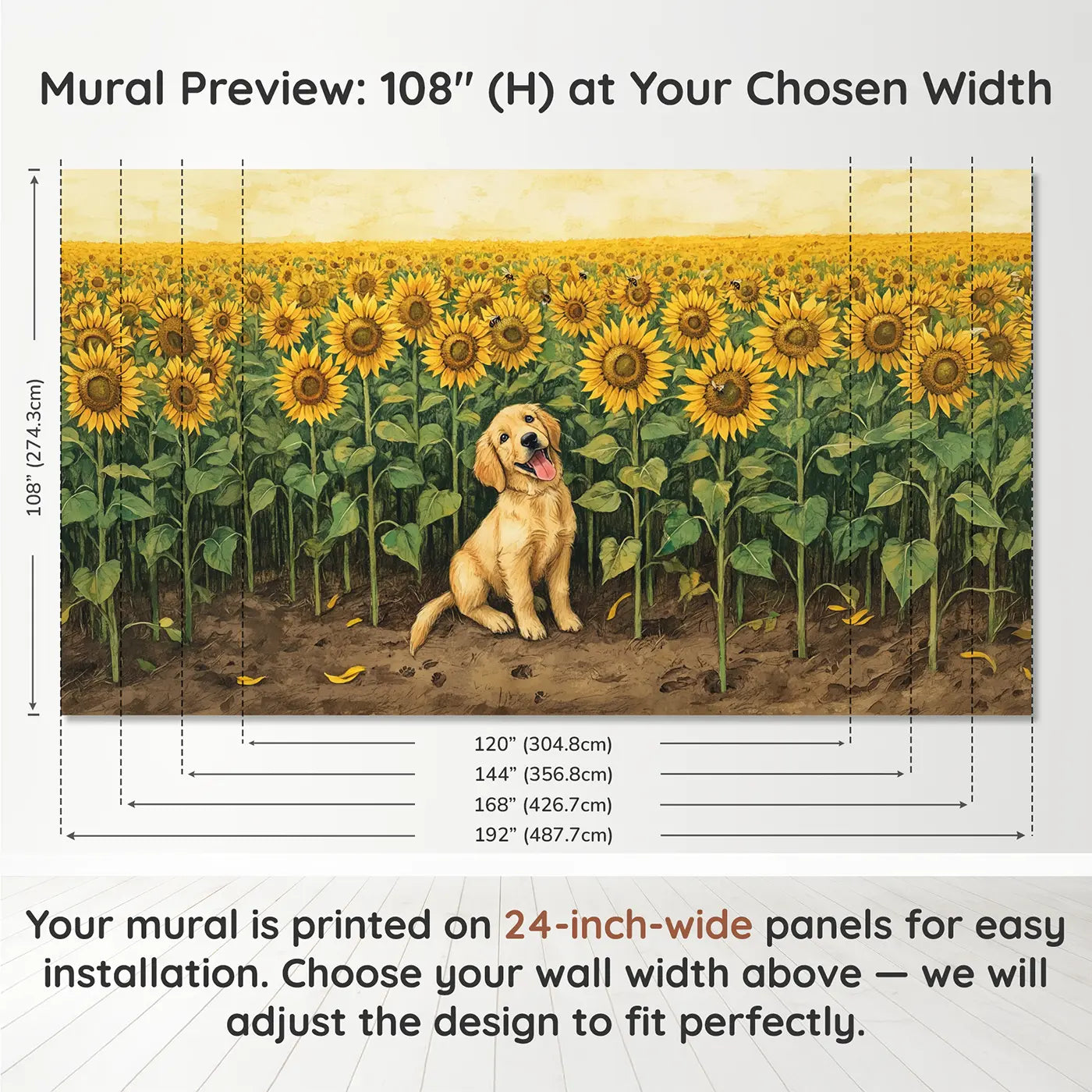 Panel layout and dimensions for Sunflower Puppy Field Wallpaper Mural by Whimsy Tots