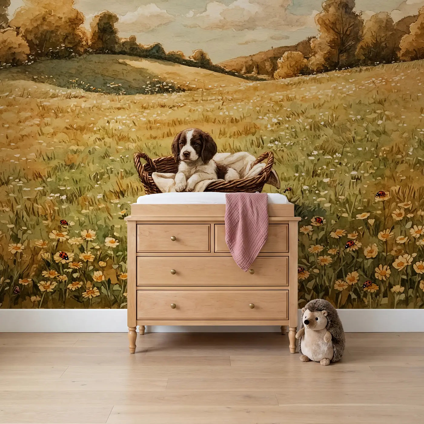 Storybook spaniel puppy basket cozy home wallpaper mural for nursery by Whimsy Tots