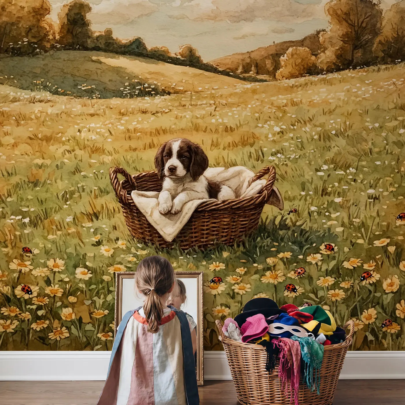 Child in nursery with Spaniel Puppy Wicker Basket Wallpaper Mural by Whimsy Tots