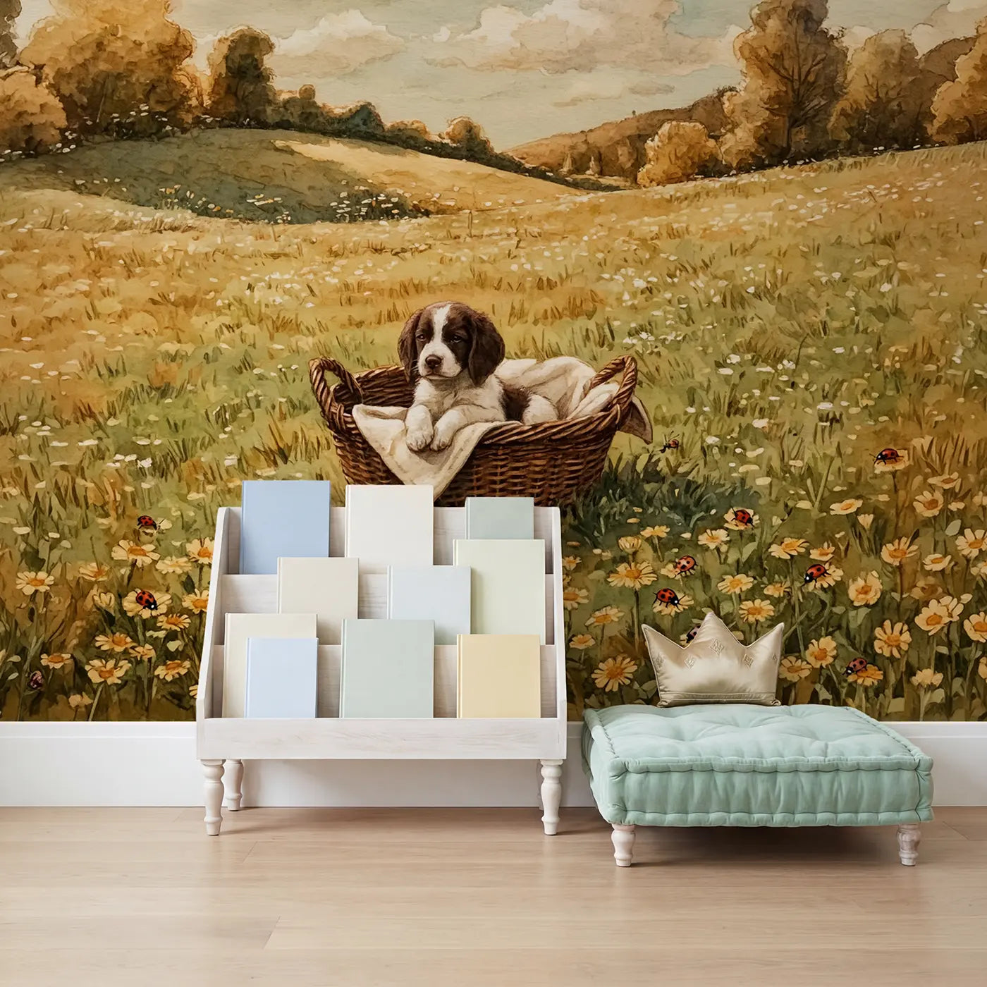 Spaniel Puppy Wicker Basket Wallpaper Mural in playroom setting by Whimsy Tots
