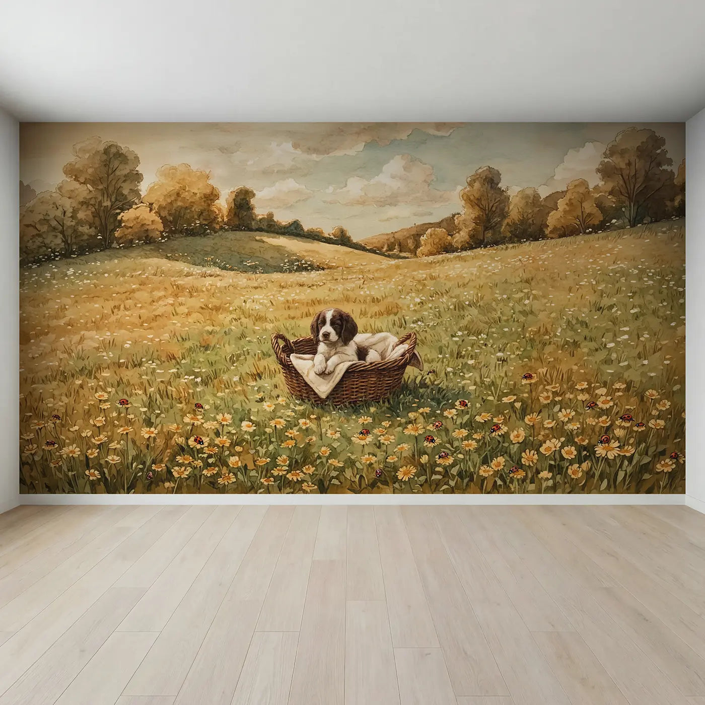 Full view of Spaniel Puppy Wicker Basket Wallpaper Mural by Whimsy Tots