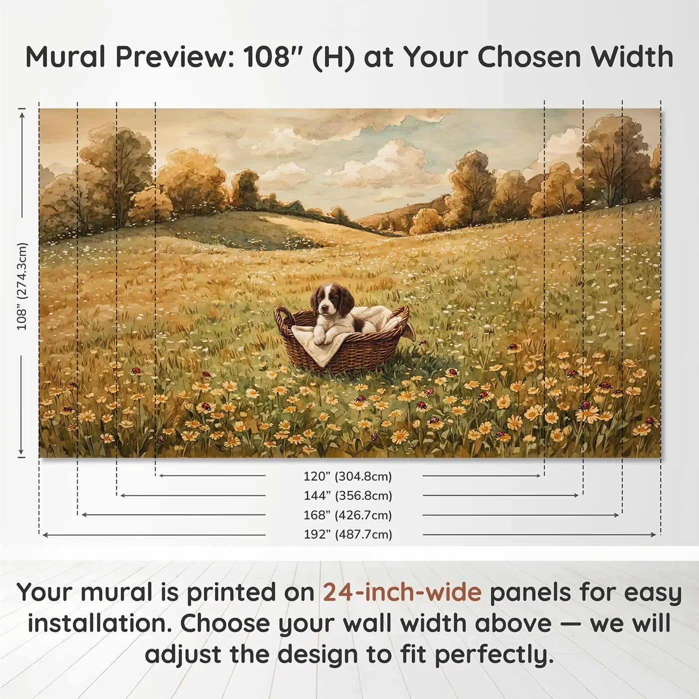 Panel layout and dimensions for Spaniel Puppy Wicker Basket Wallpaper Mural by Whimsy Tots