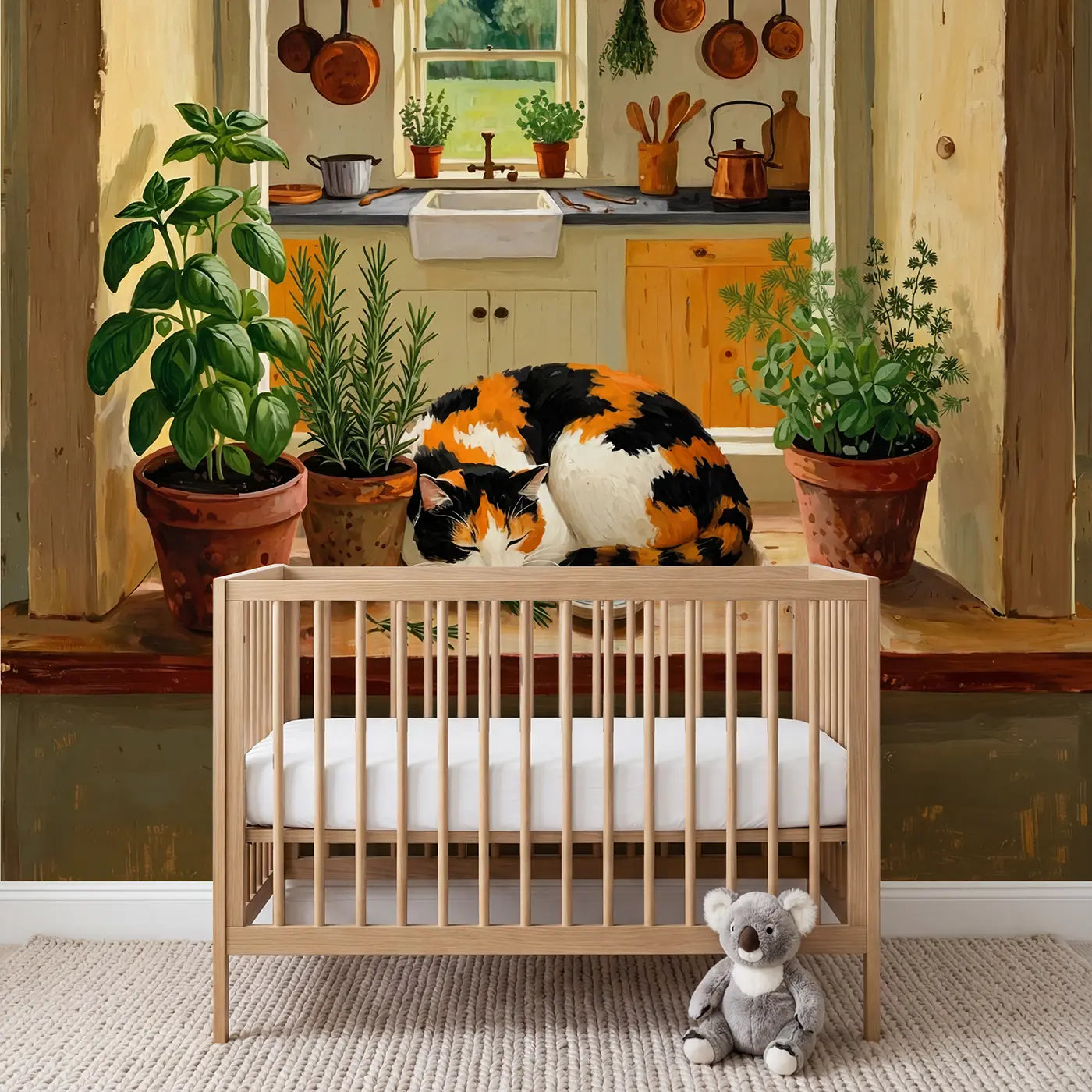 modern illustration calico cat kitchen herb windowsill mural for nursery by Whimsy Tots