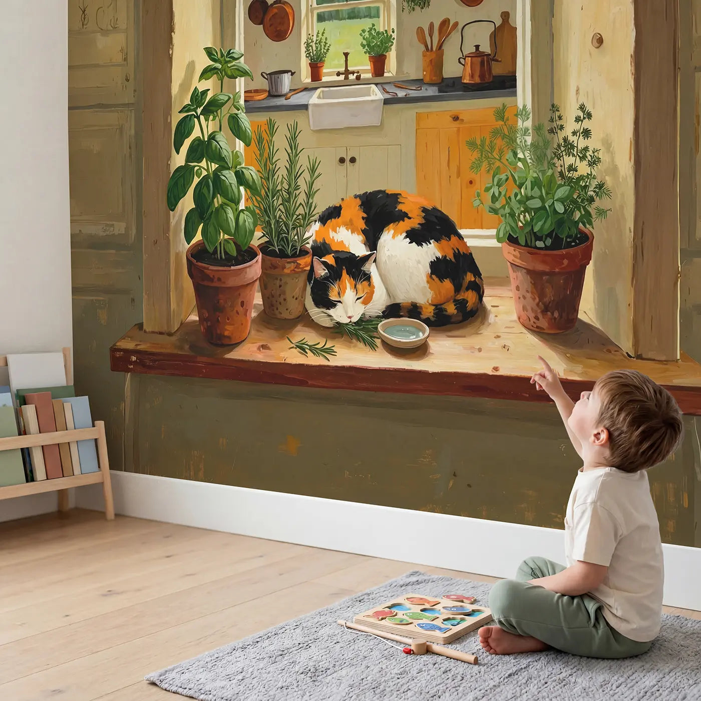 Child in nursery with Calico Cat Kitchen Herb Windowsill Wallpaper Mural by Whimsy Tots