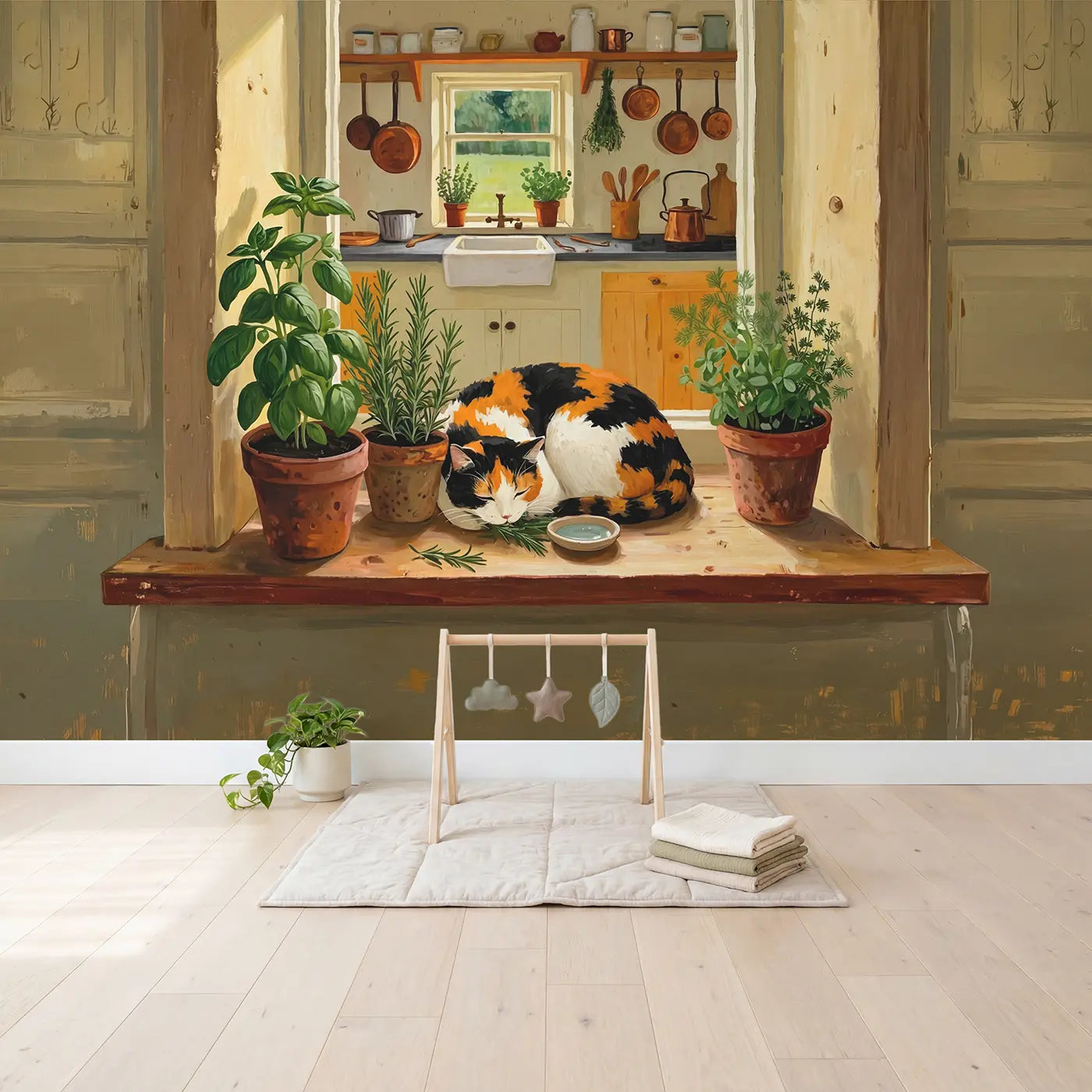 Calico Cat Kitchen Herb Windowsill Wallpaper Mural in playroom setting by Whimsy Tots