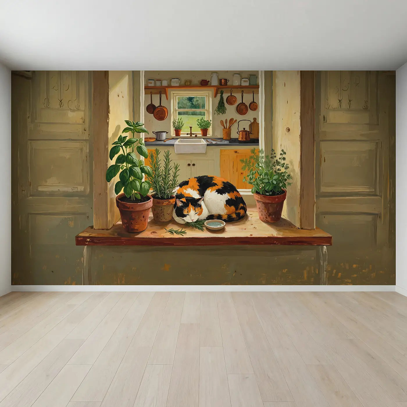 Full view of Calico Cat Kitchen Herb Windowsill Wallpaper Mural by Whimsy Tots